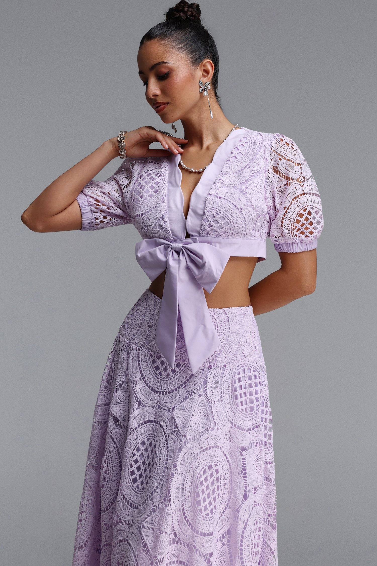 Dazze Romantic Tailored Puff Sleeve Bow Lace Top and Skirt Two Piece Set