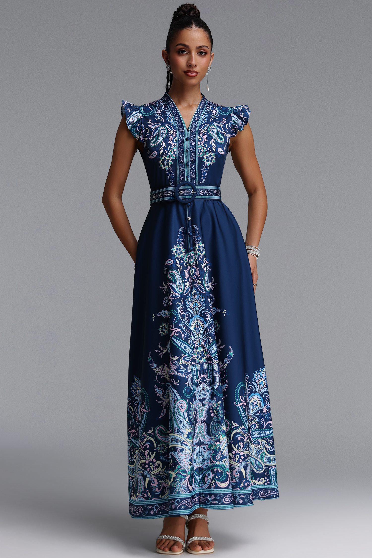Suky Romantic Flowy Floral Print Ruffle Woven Maxi Dress
