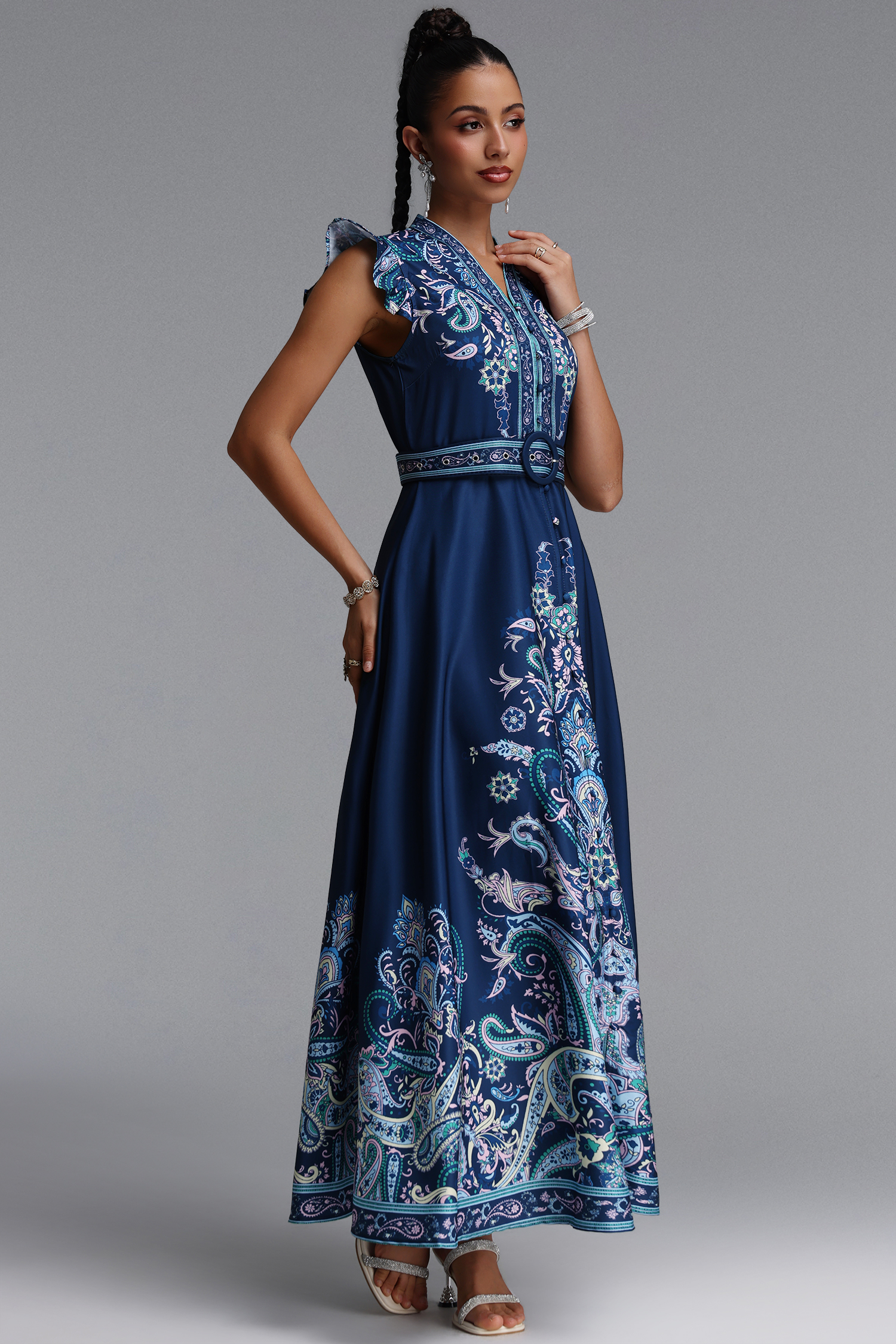 Suky Romantic Flowy Floral Print Ruffle Woven Maxi Dress