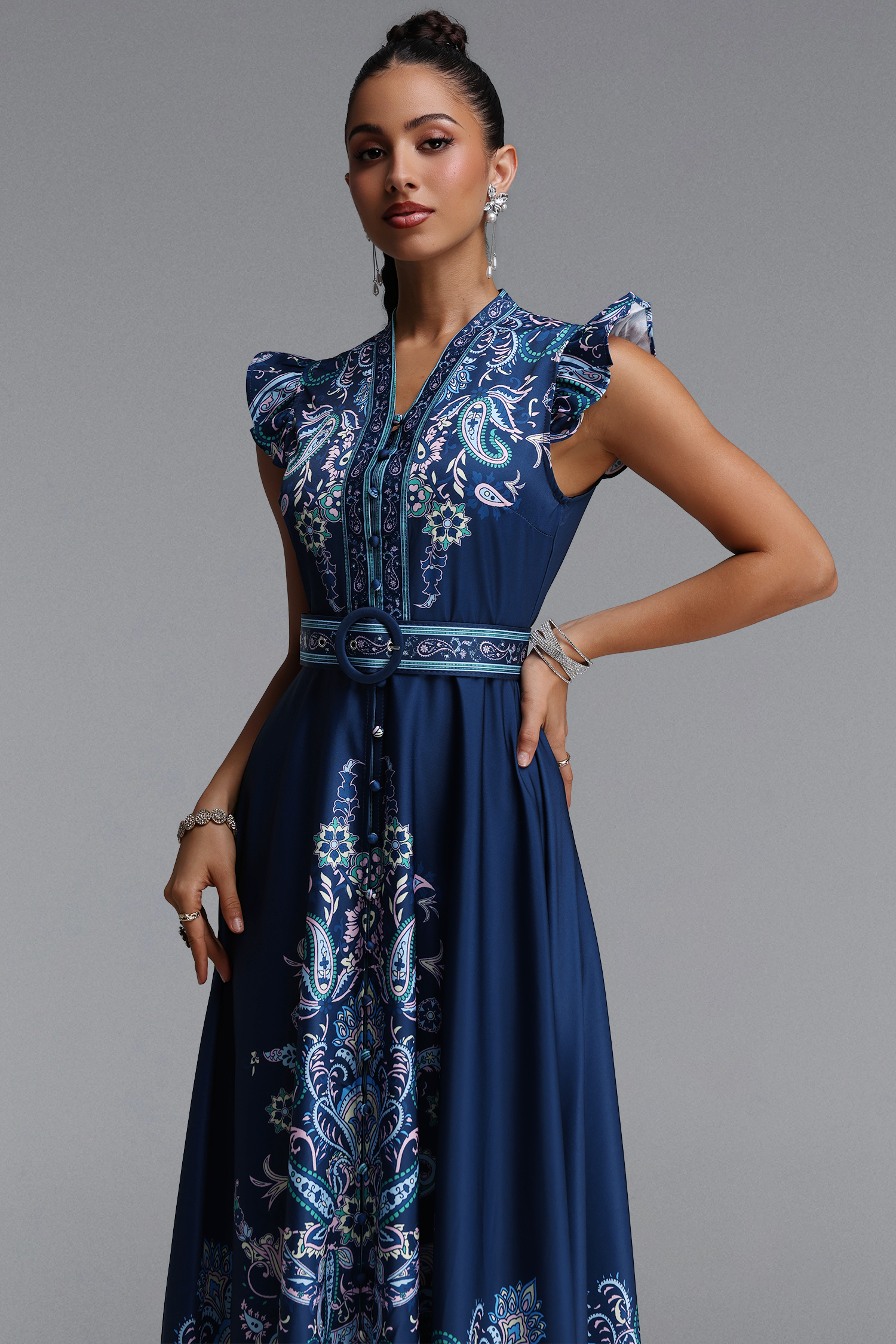 Suky Romantic Flowy Floral Print Ruffle Woven Maxi Dress