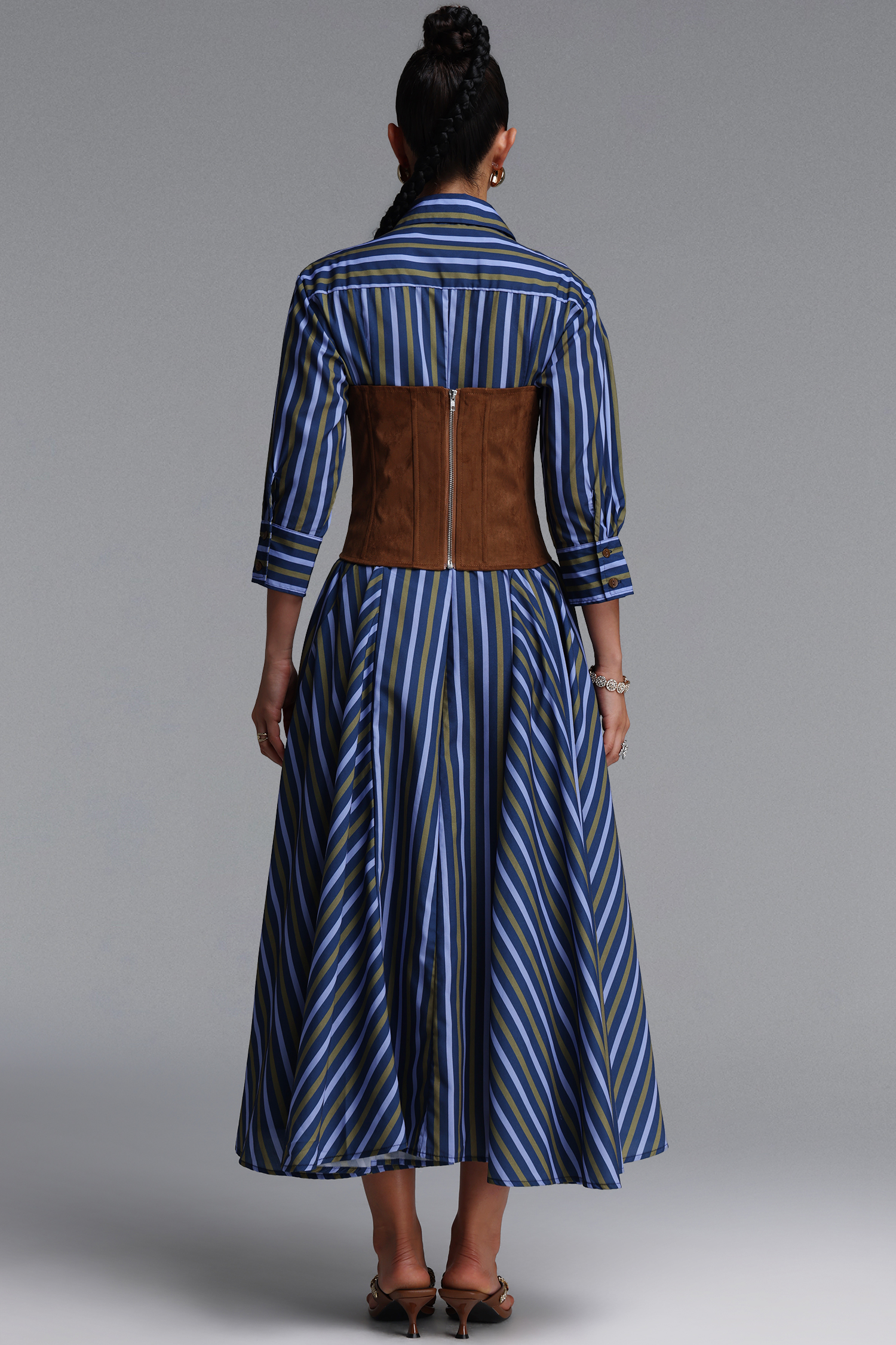 Jiusi Chic Tailored Long Sleeve Striped Woven Maxi Dress