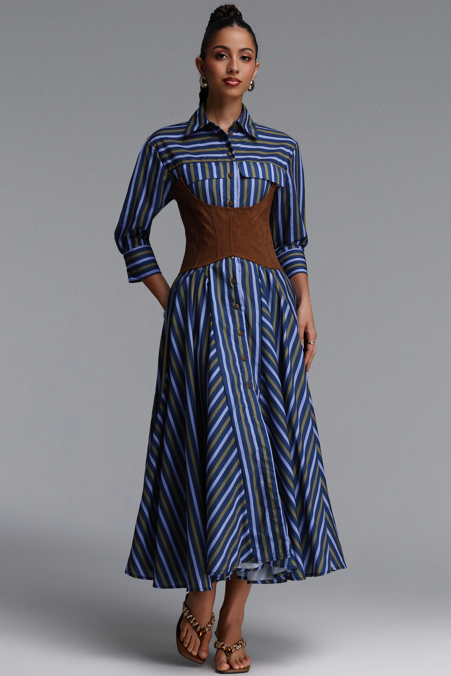 Jiusi Chic Tailored Long Sleeve Striped Woven Maxi Dress