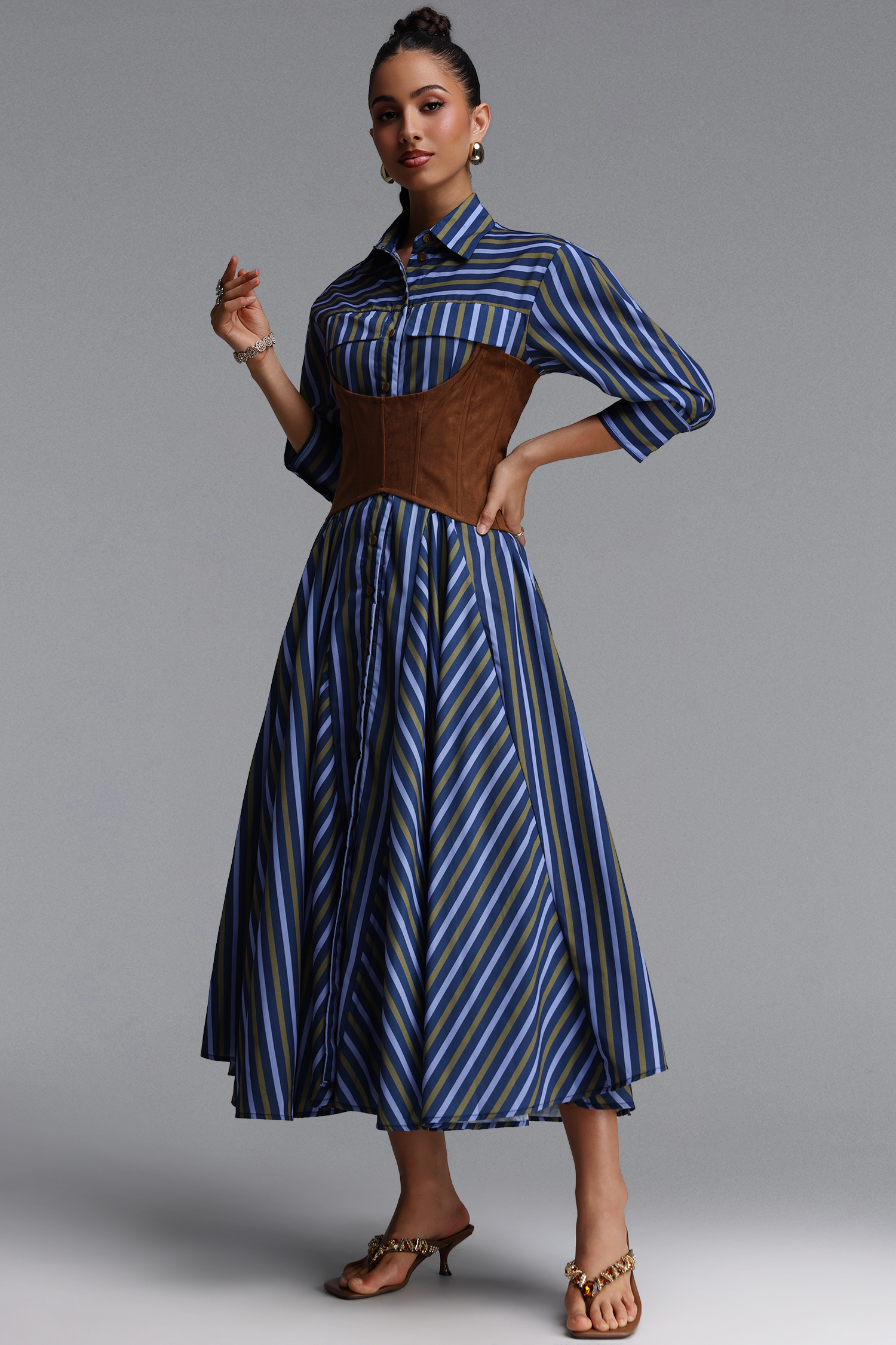 Jiusi Chic Tailored Long Sleeve Striped Woven Maxi Dress