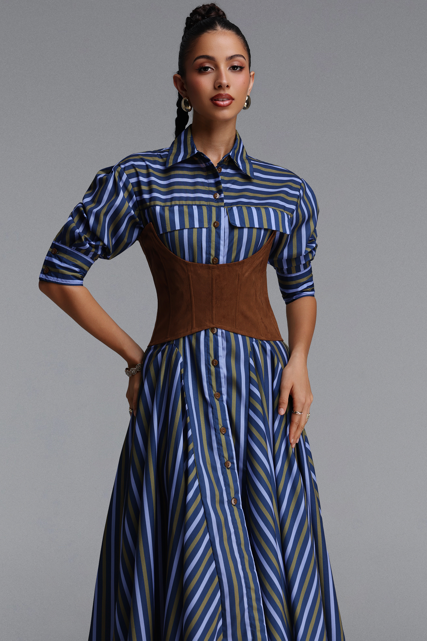 Jiusi Chic Tailored Long Sleeve Striped Woven Maxi Dress