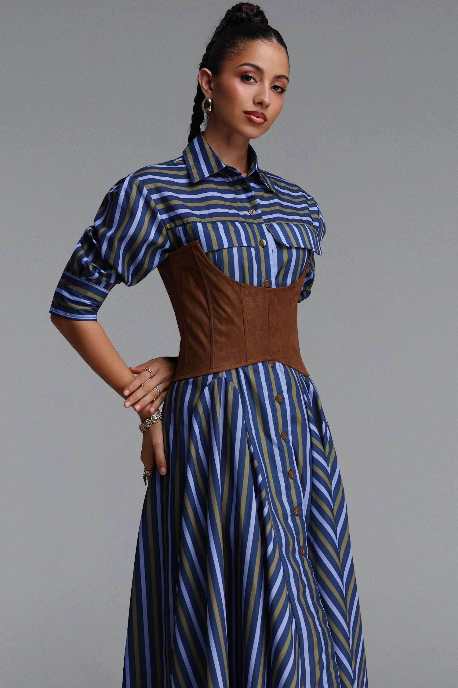 Jiusi Chic Tailored Long Sleeve Striped Woven Maxi Dress
