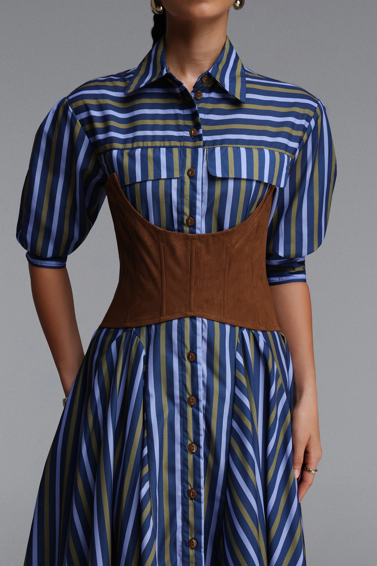Jiusi Chic Tailored Long Sleeve Striped Woven Maxi Dress