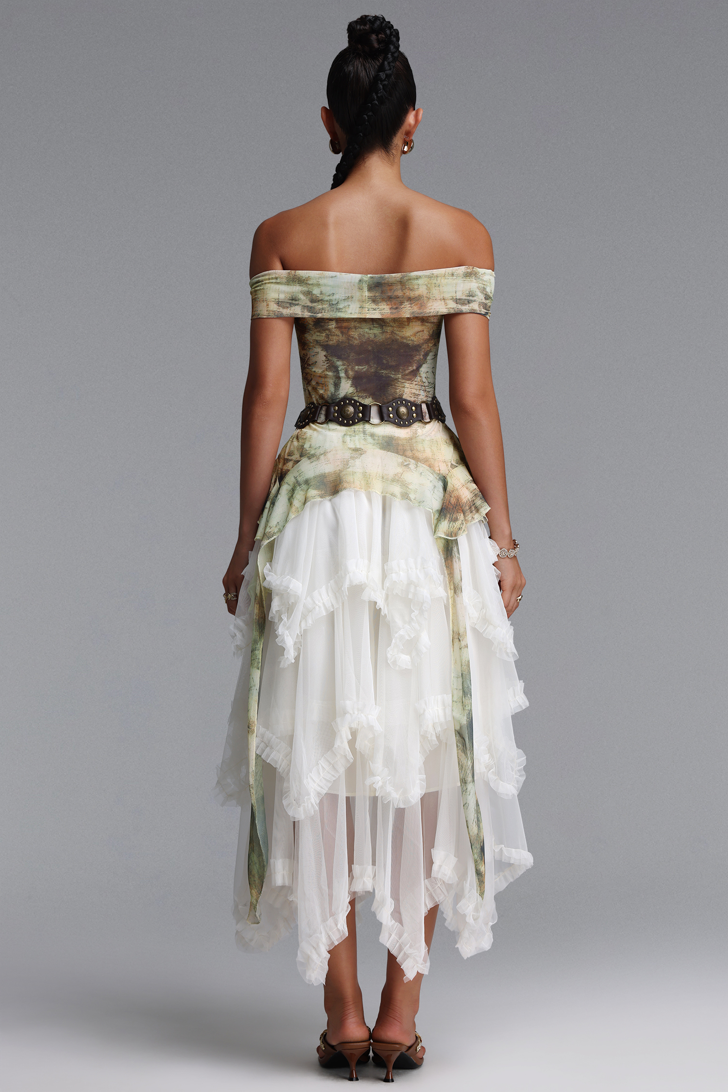 Zuly Bohemian Flowy Off Shoulder Tiered Ruffle Tulle Top and Skirt Two Piece Set