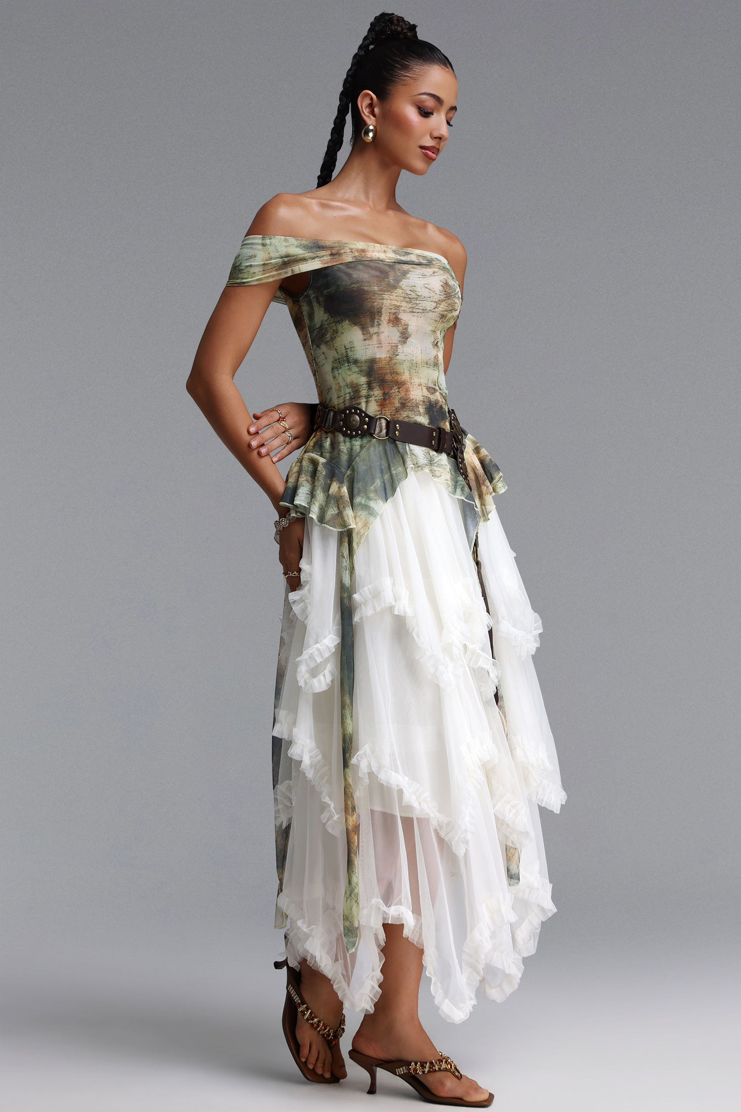 Zuly Bohemian Flowy Off Shoulder Tiered Ruffle Tulle Top and Skirt Two Piece Set