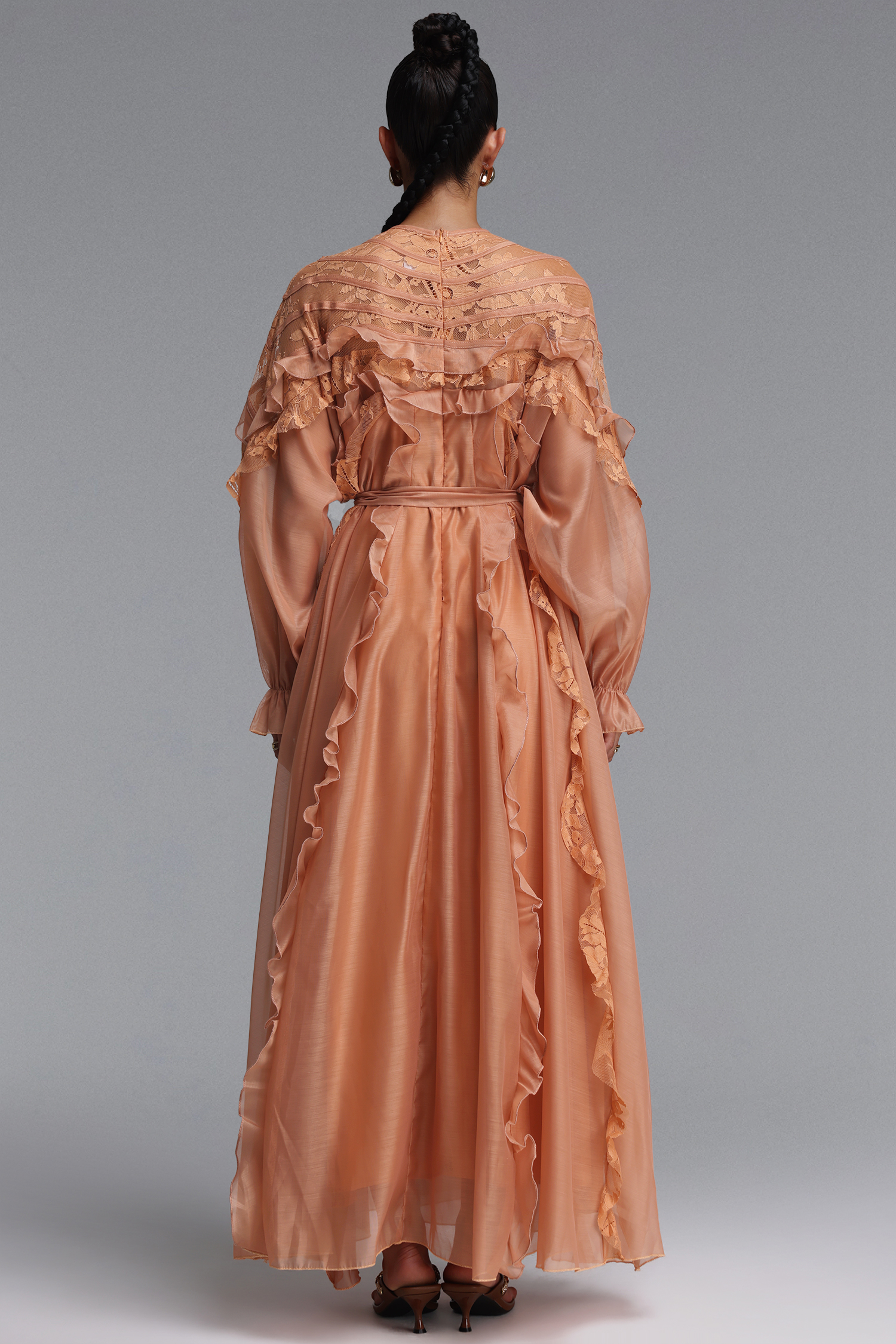Sharlot Romantic Flowy Long Sleeve Ruffle Woven Maxi Dress