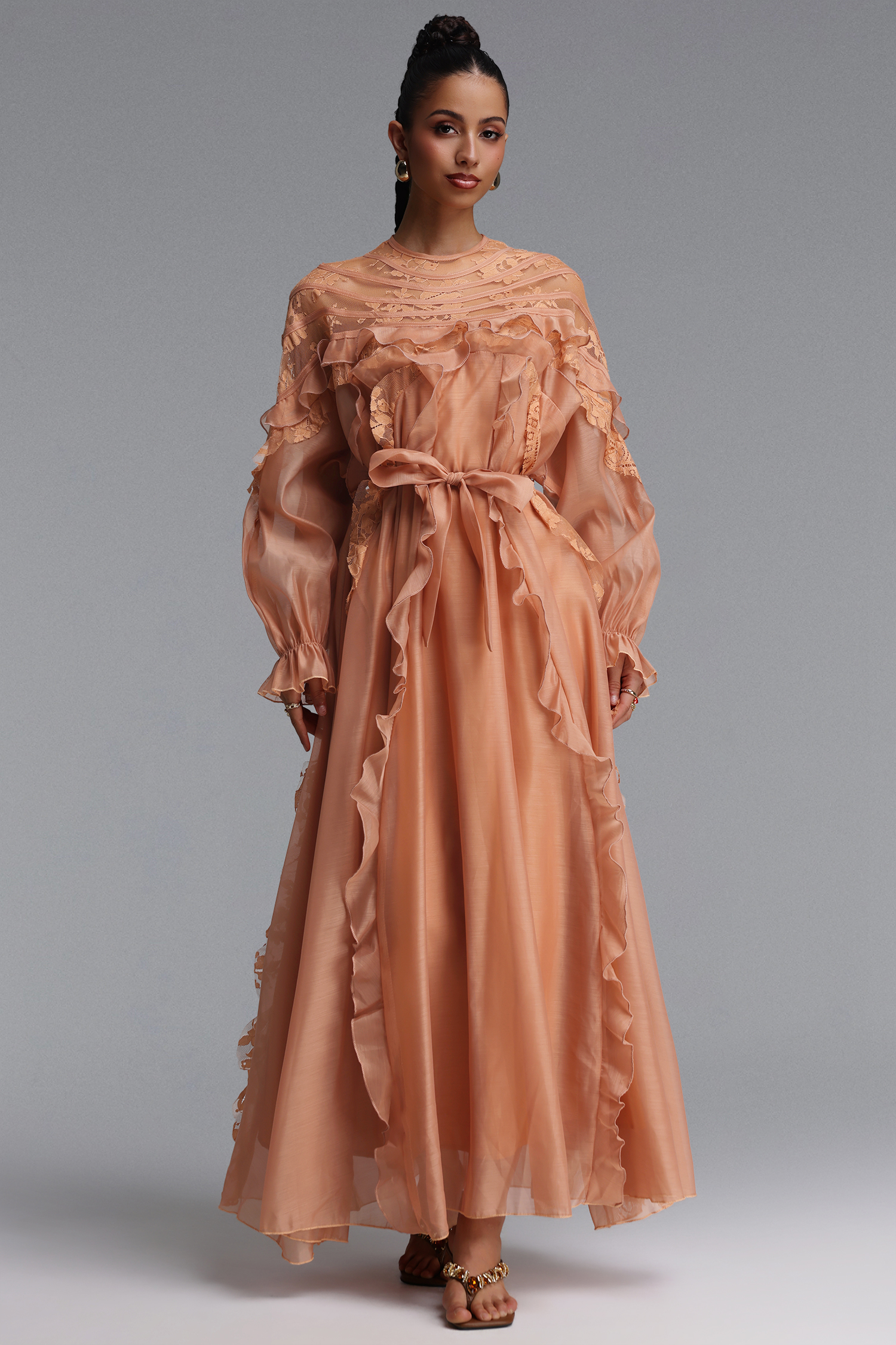 Sharlot Romantic Flowy Long Sleeve Ruffle Woven Maxi Dress