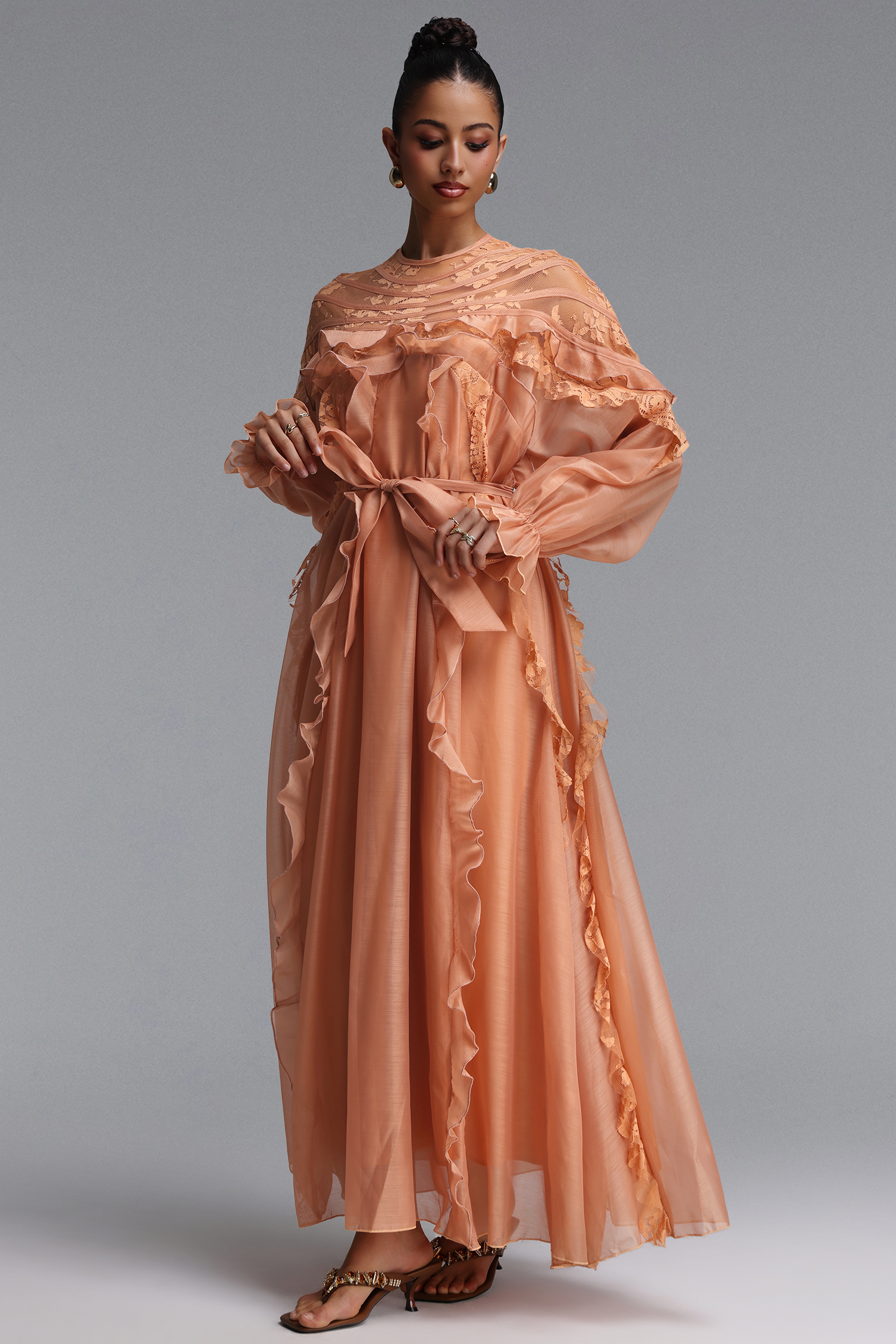 Sharlot Romantic Flowy Long Sleeve Ruffle Woven Maxi Dress