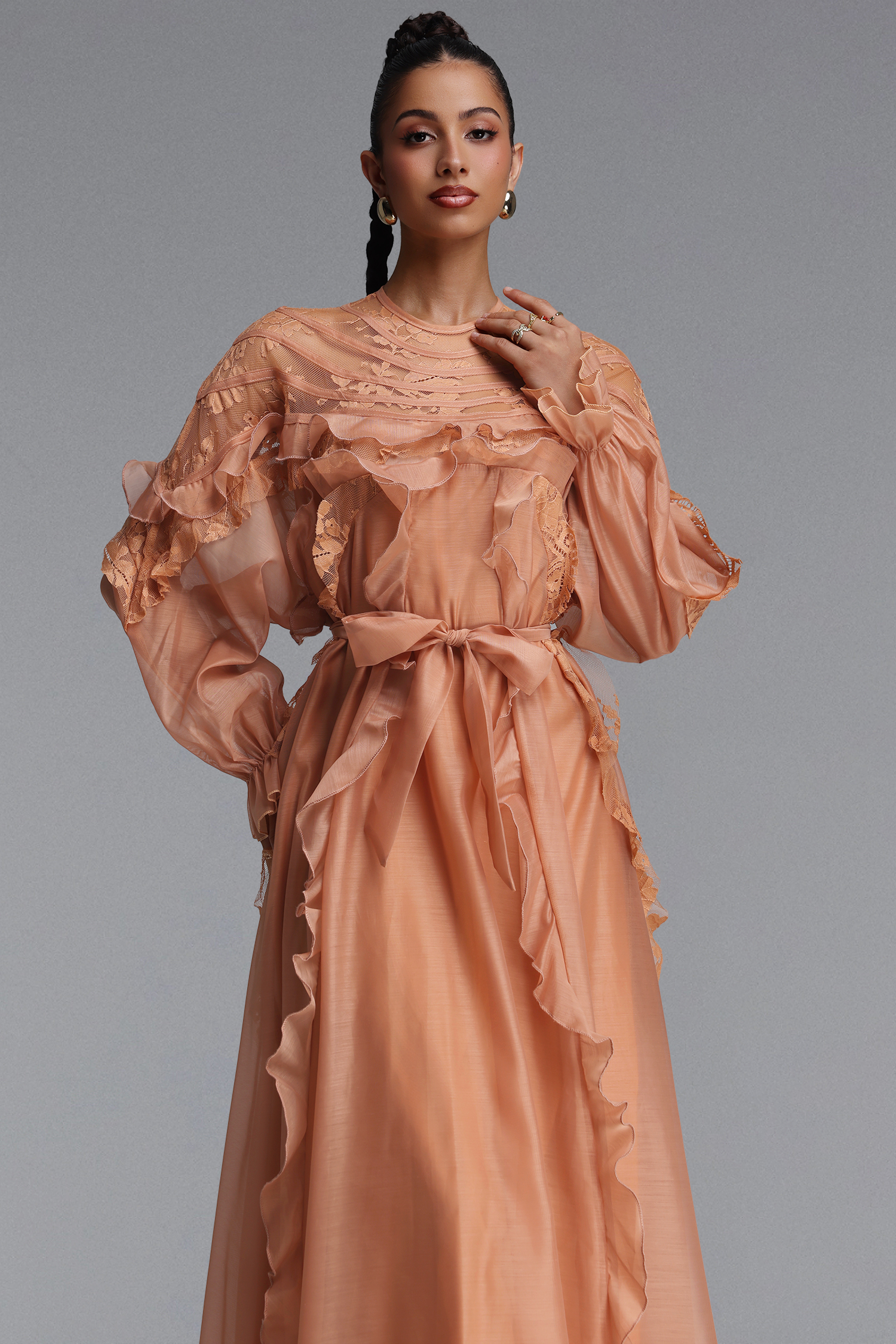 Sharlot Romantic Flowy Long Sleeve Ruffle Woven Maxi Dress