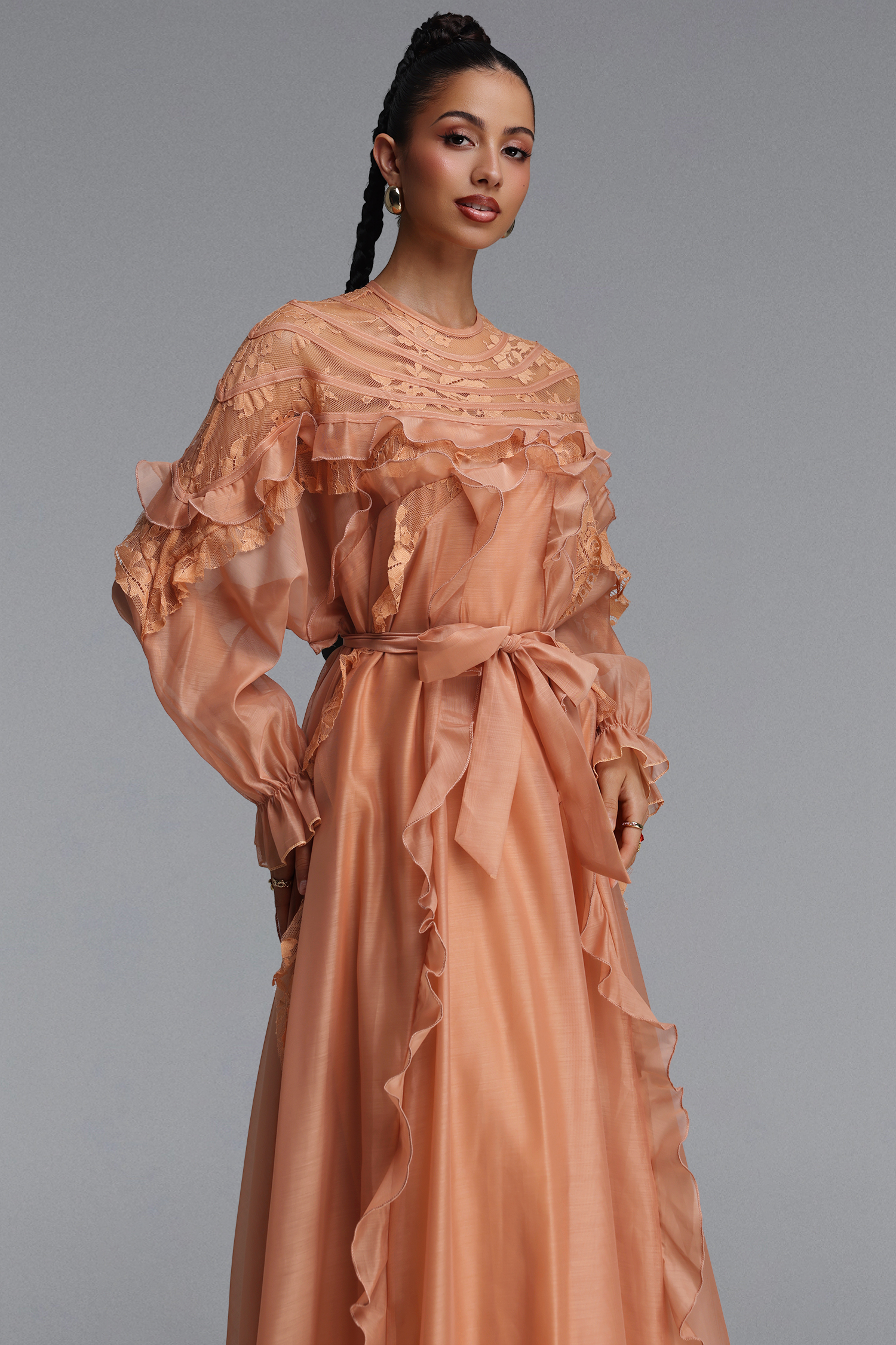 Sharlot Romantic Flowy Long Sleeve Ruffle Woven Maxi Dress