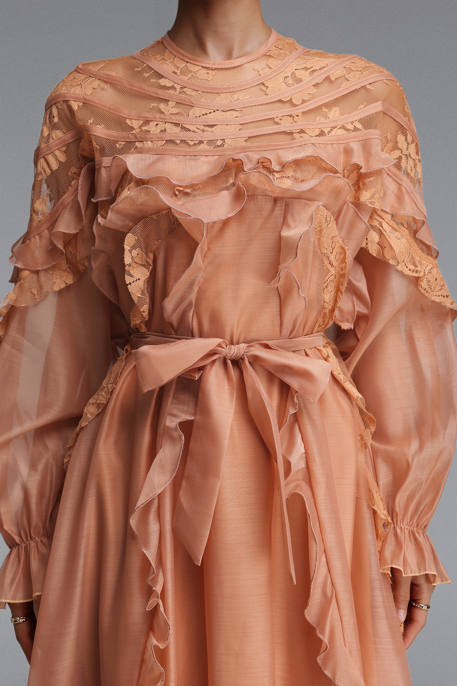 Sharlot Romantic Flowy Long Sleeve Ruffle Woven Maxi Dress