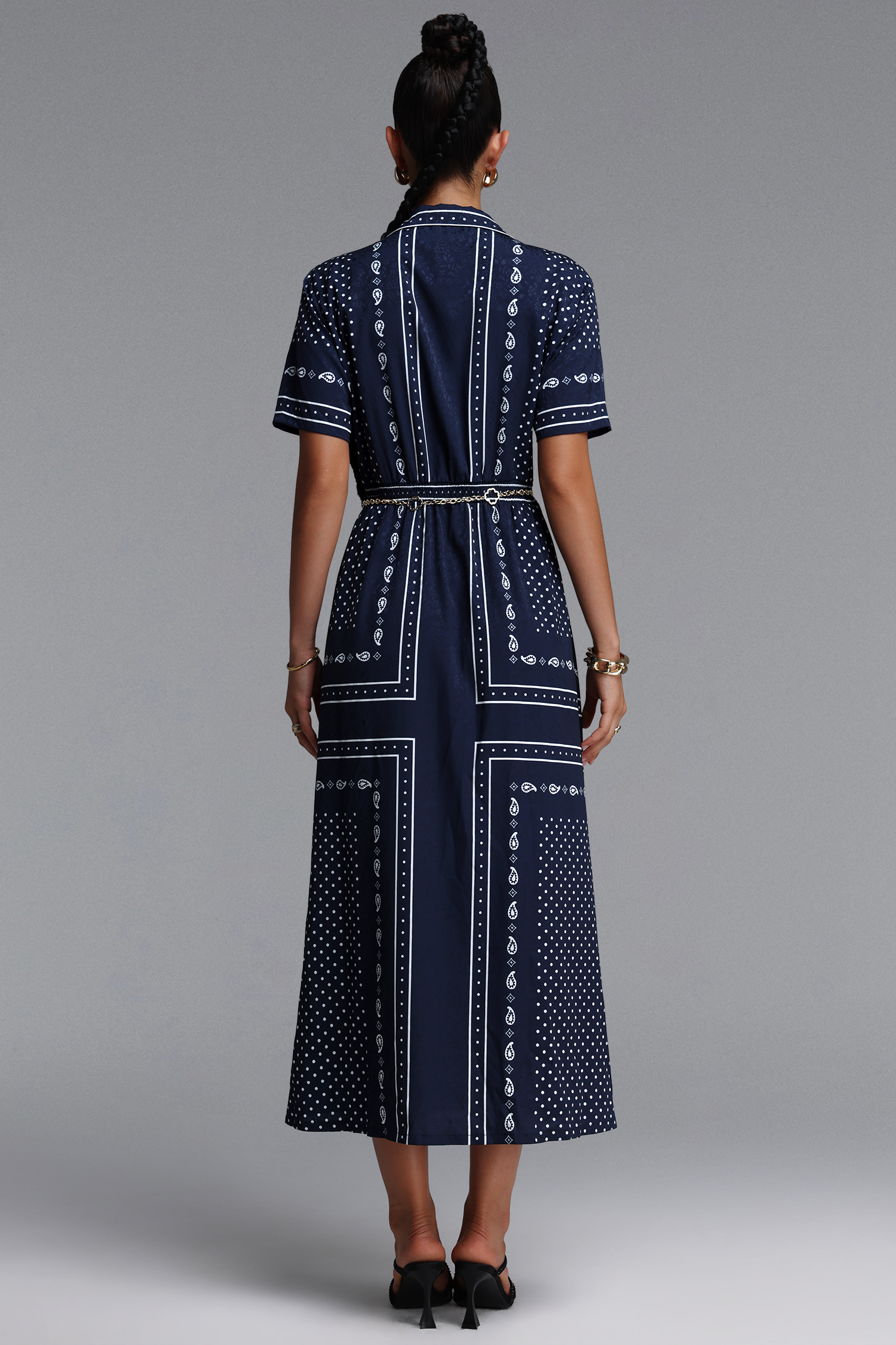 Irene Elegant Tailored Paisley Print Short Sleeve Woven Maxi Dress