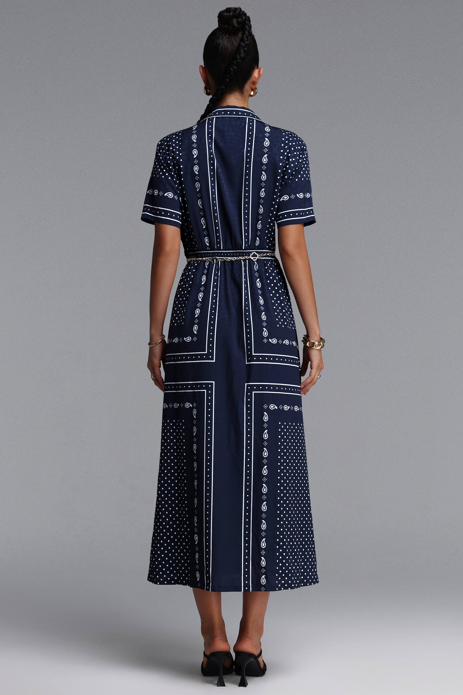Irene Elegant Tailored Paisley Print Short Sleeve Woven Maxi Dress