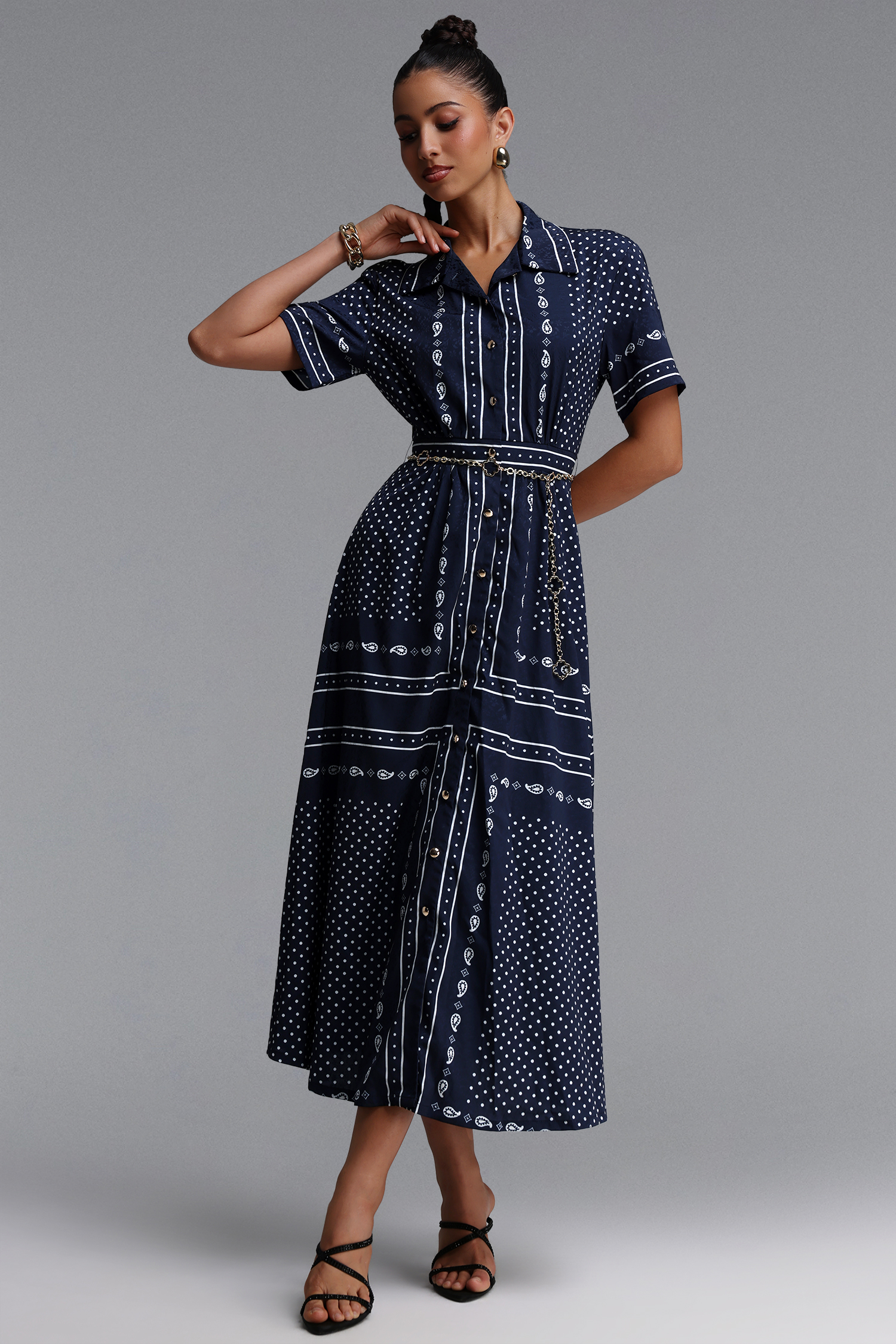 Irene Elegant Tailored Paisley Print Short Sleeve Woven Maxi Dress