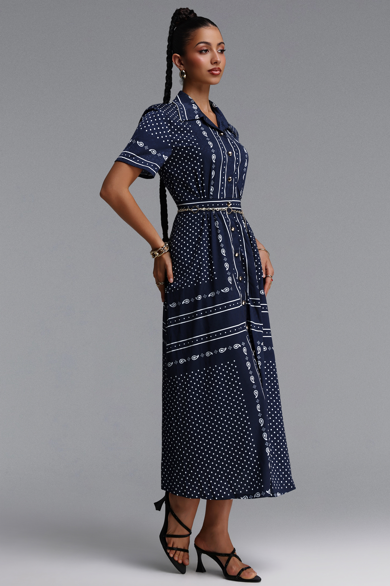 Irene Elegant Tailored Paisley Print Short Sleeve Woven Maxi Dress