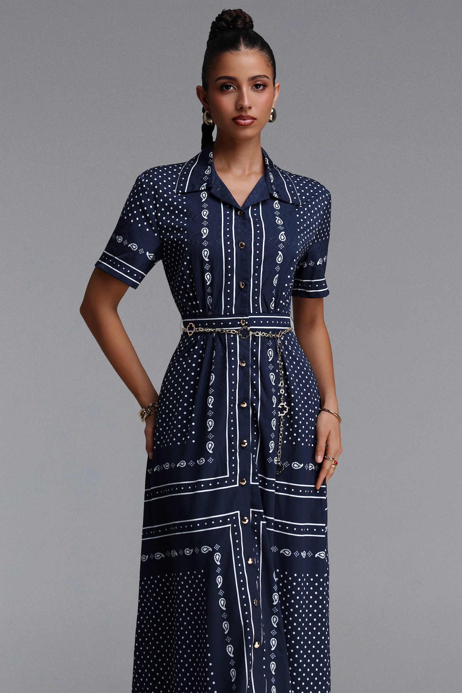 Irene Elegant Tailored Paisley Print Short Sleeve Woven Maxi Dress