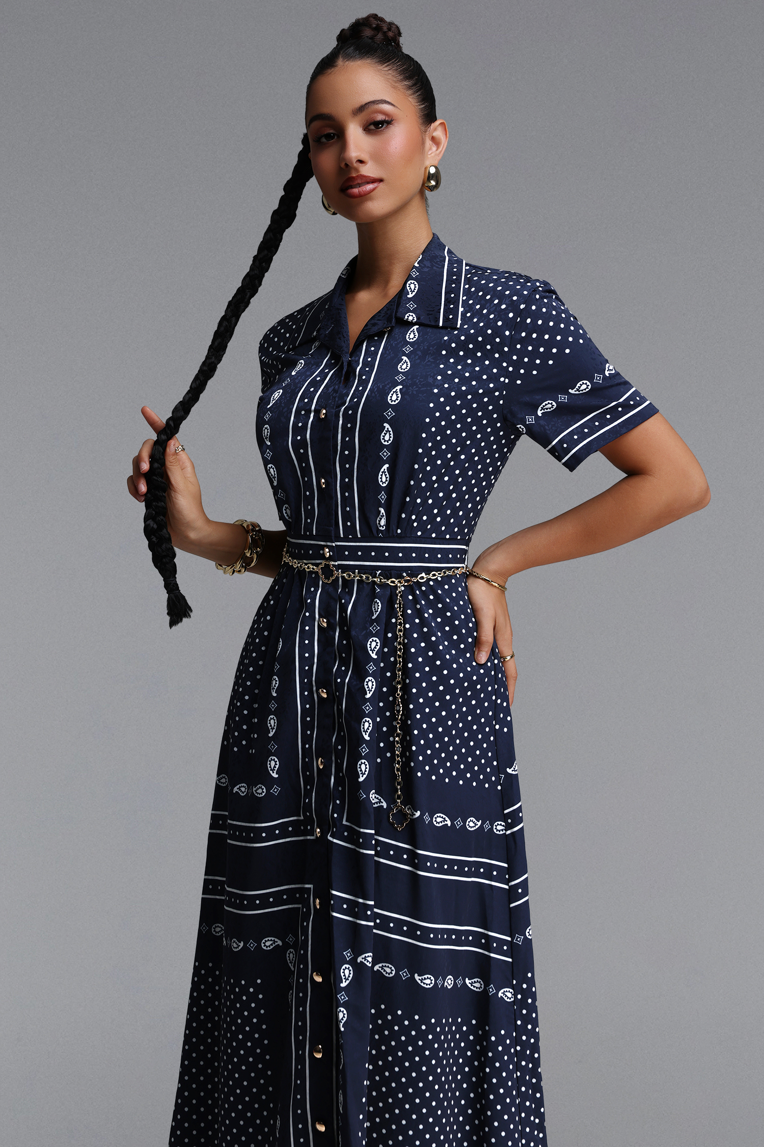 Irene Elegant Tailored Paisley Print Short Sleeve Woven Maxi Dress