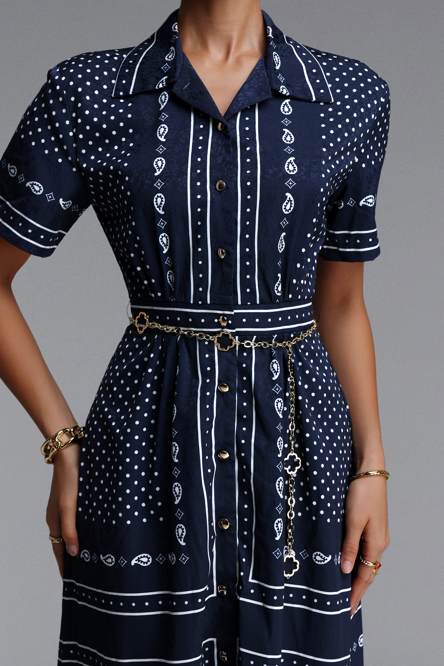 Irene Elegant Tailored Paisley Print Short Sleeve Woven Maxi Dress