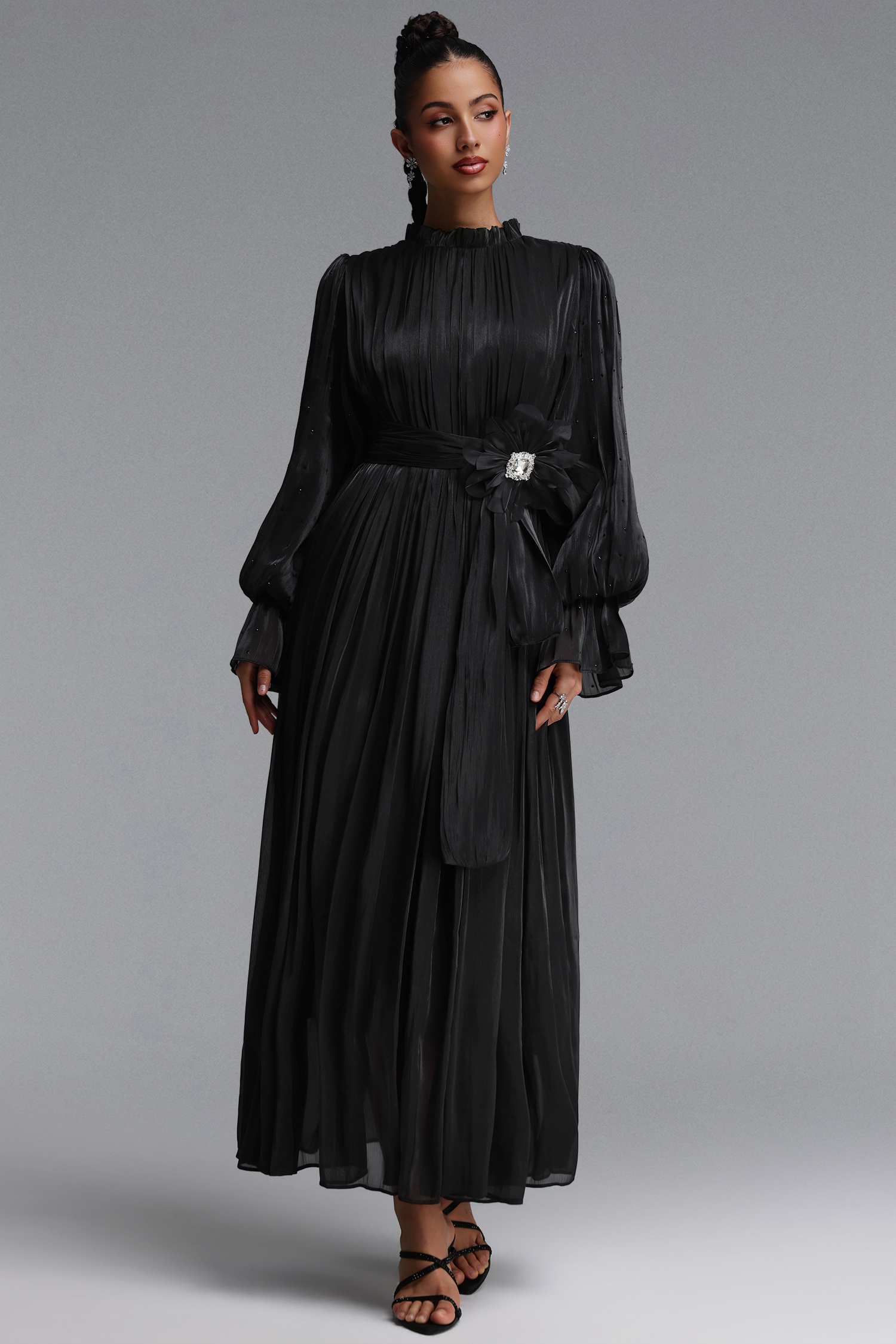 Ikira Resort Flowy Long Sleeve Pleated Floral Satin Black Maxi Dress
