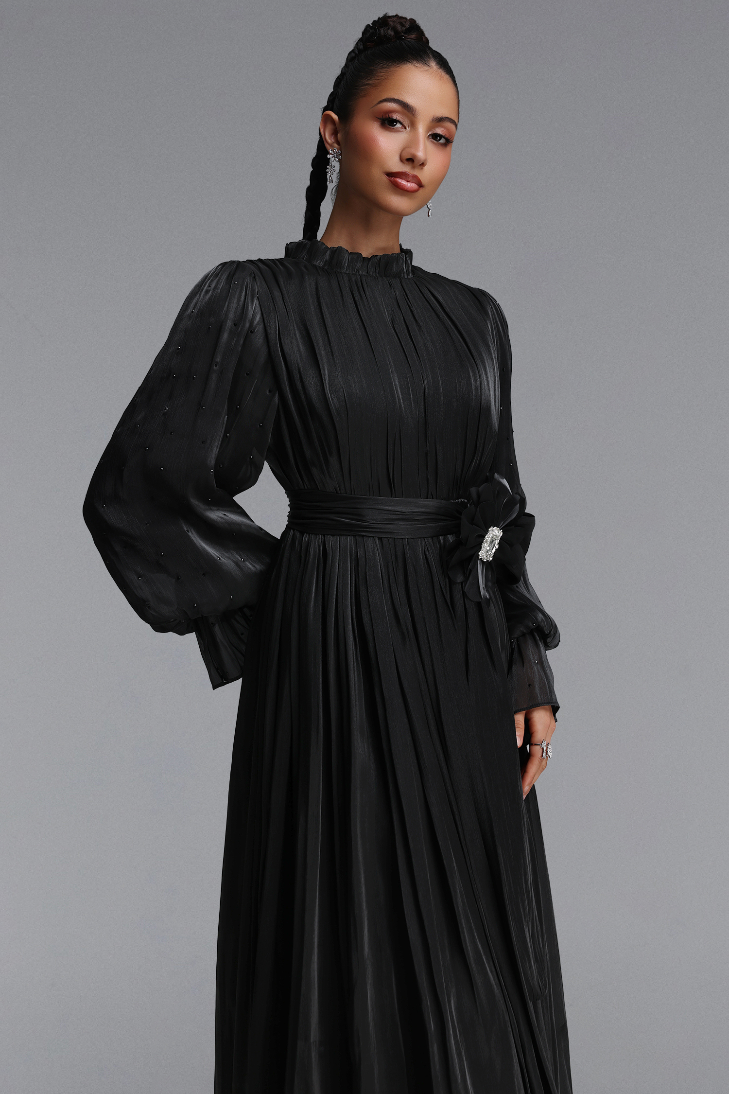 Ikira Resort Flowy Long Sleeve Pleated Floral Satin Black Maxi Dress