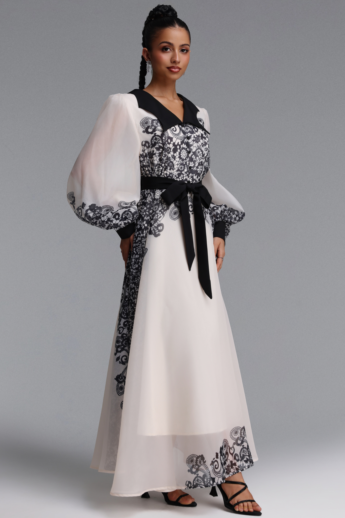 Nylah Elegant Flowy Long Sleeve Floral Print Organza Maxi Dress