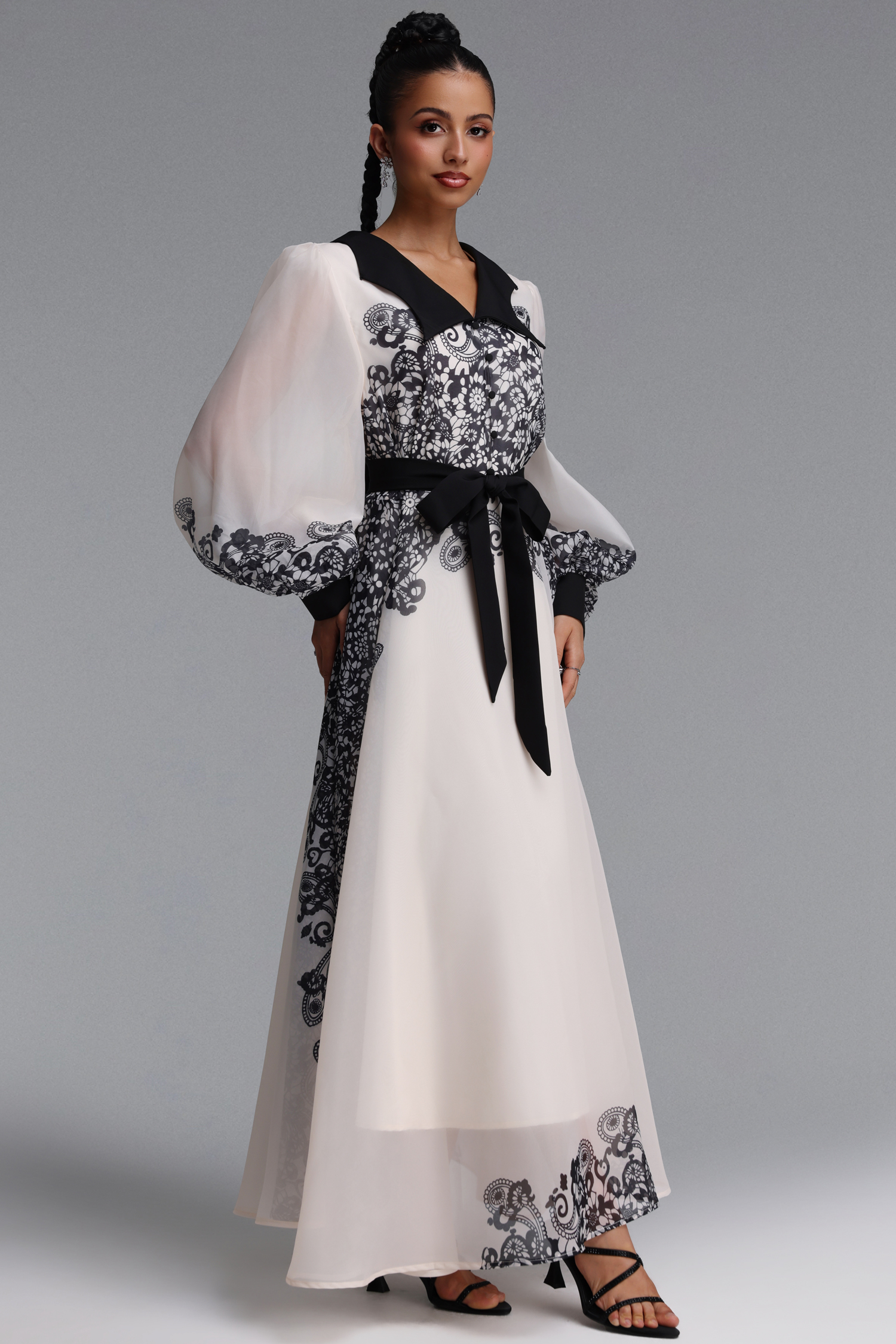 Nylah Elegant Flowy Long Sleeve Floral Print Organza Maxi Dress