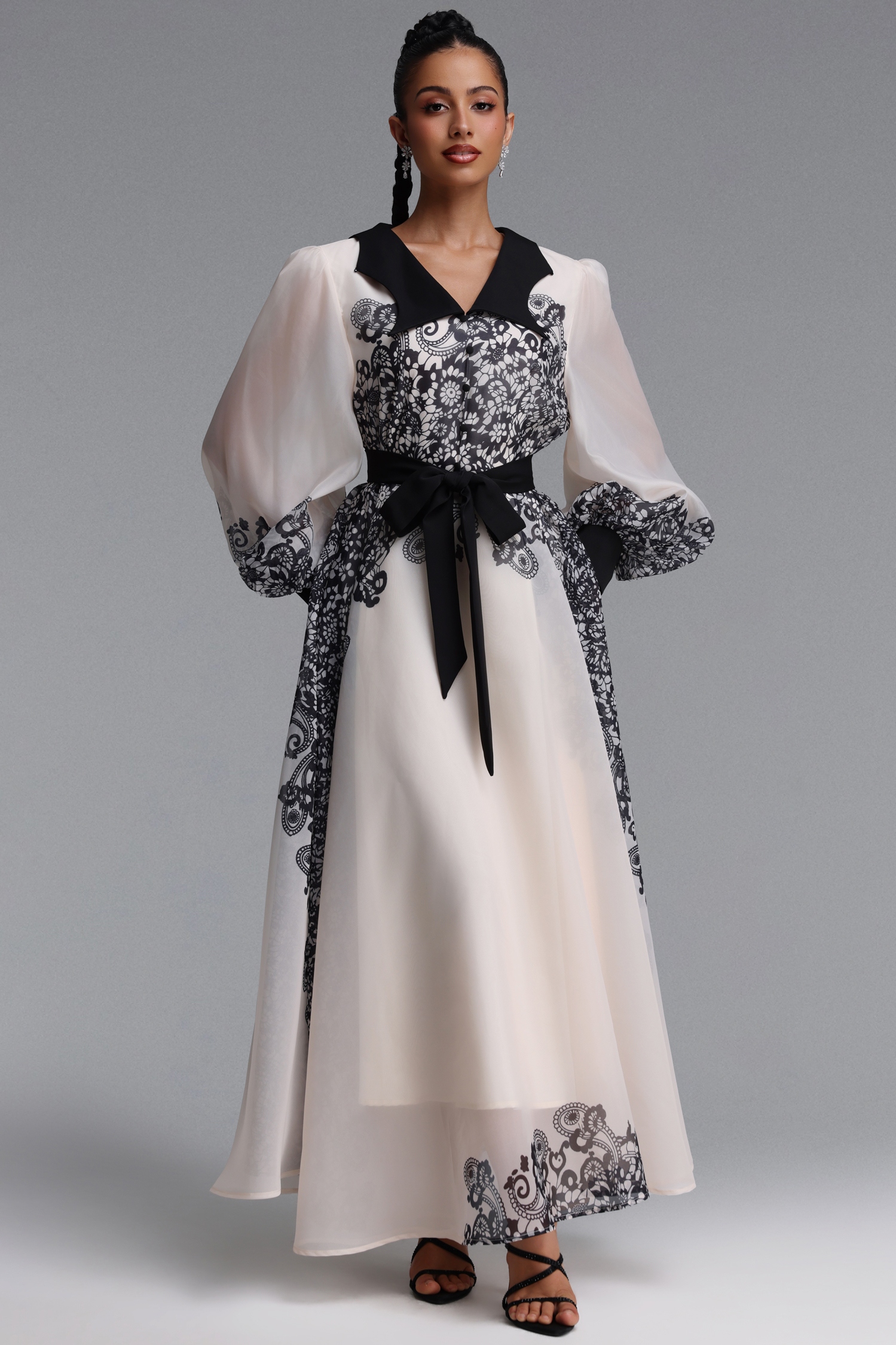 Nylah Elegant Flowy Long Sleeve Floral Print Organza Maxi Dress