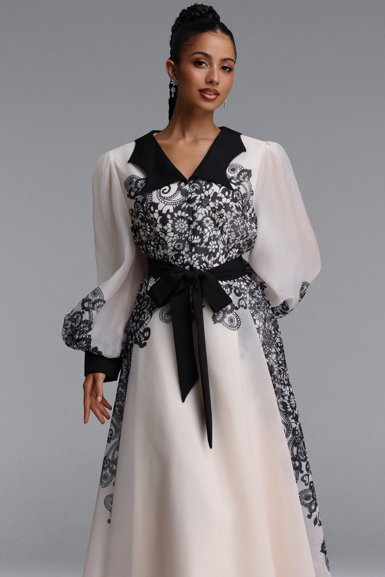 Nylah Elegant Flowy Long Sleeve Floral Print Organza Maxi Dress