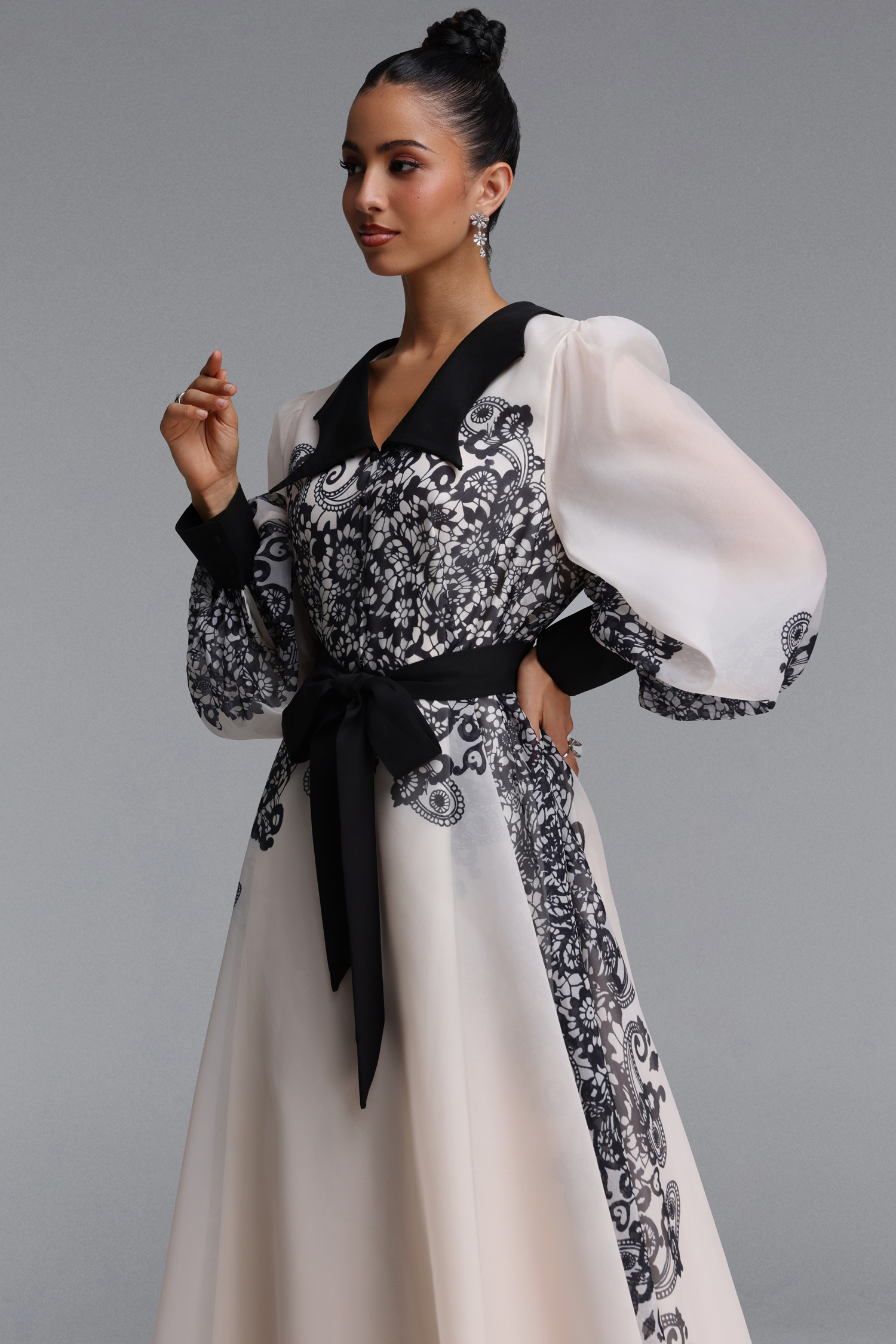 Nylah Elegant Flowy Long Sleeve Floral Print Organza Maxi Dress