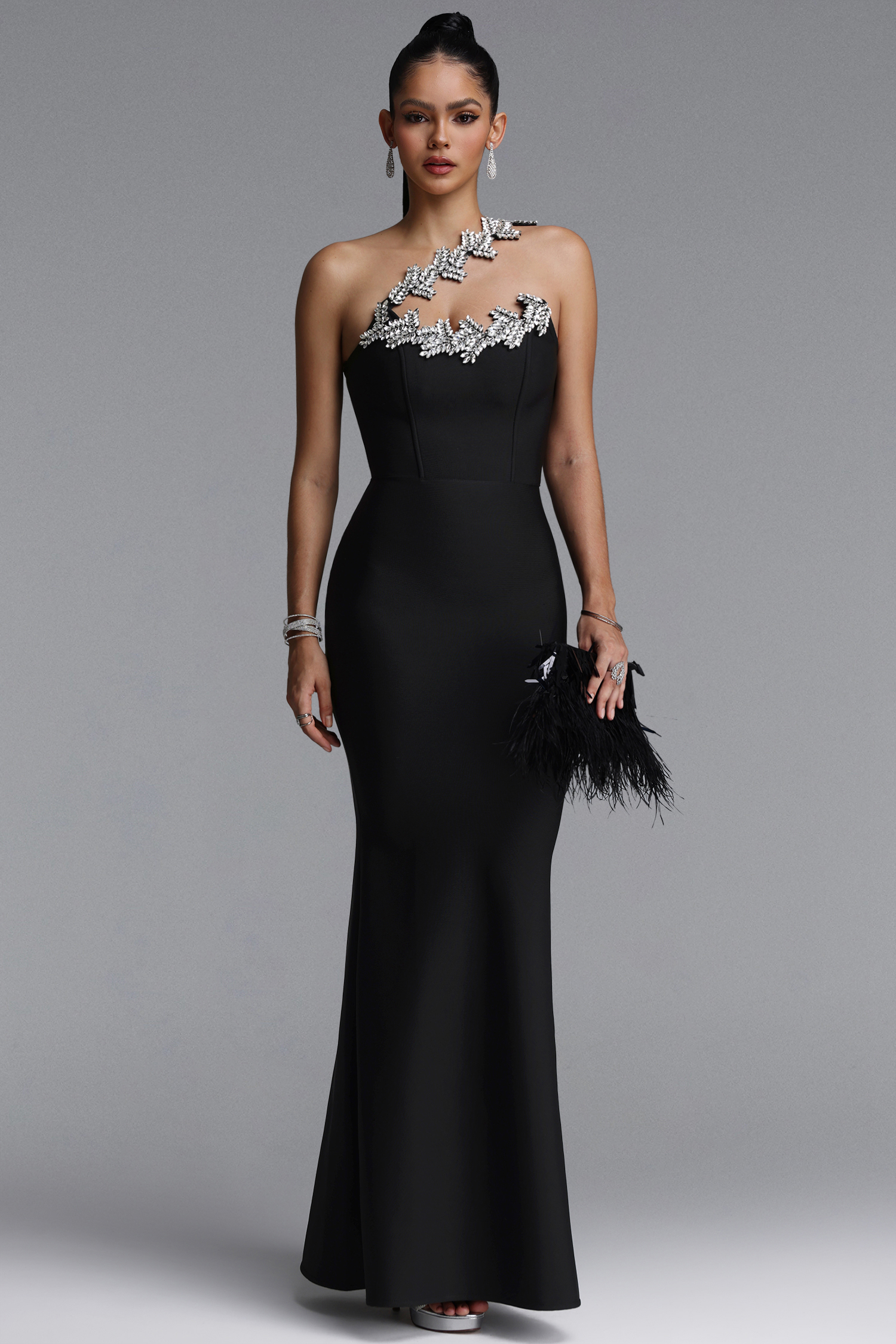 Islay Glamorous One Shoulder Rhinestone Mermaid Bandage Maxi Dress