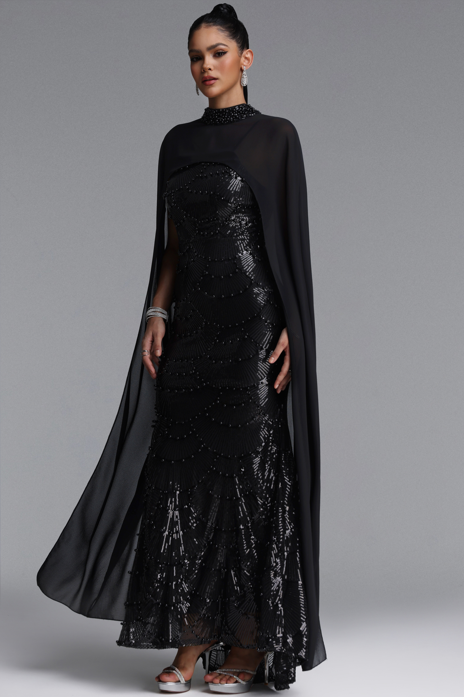 Lauren Glamorous Sleeveless Pearl Beaded Sequin Maxi Dress