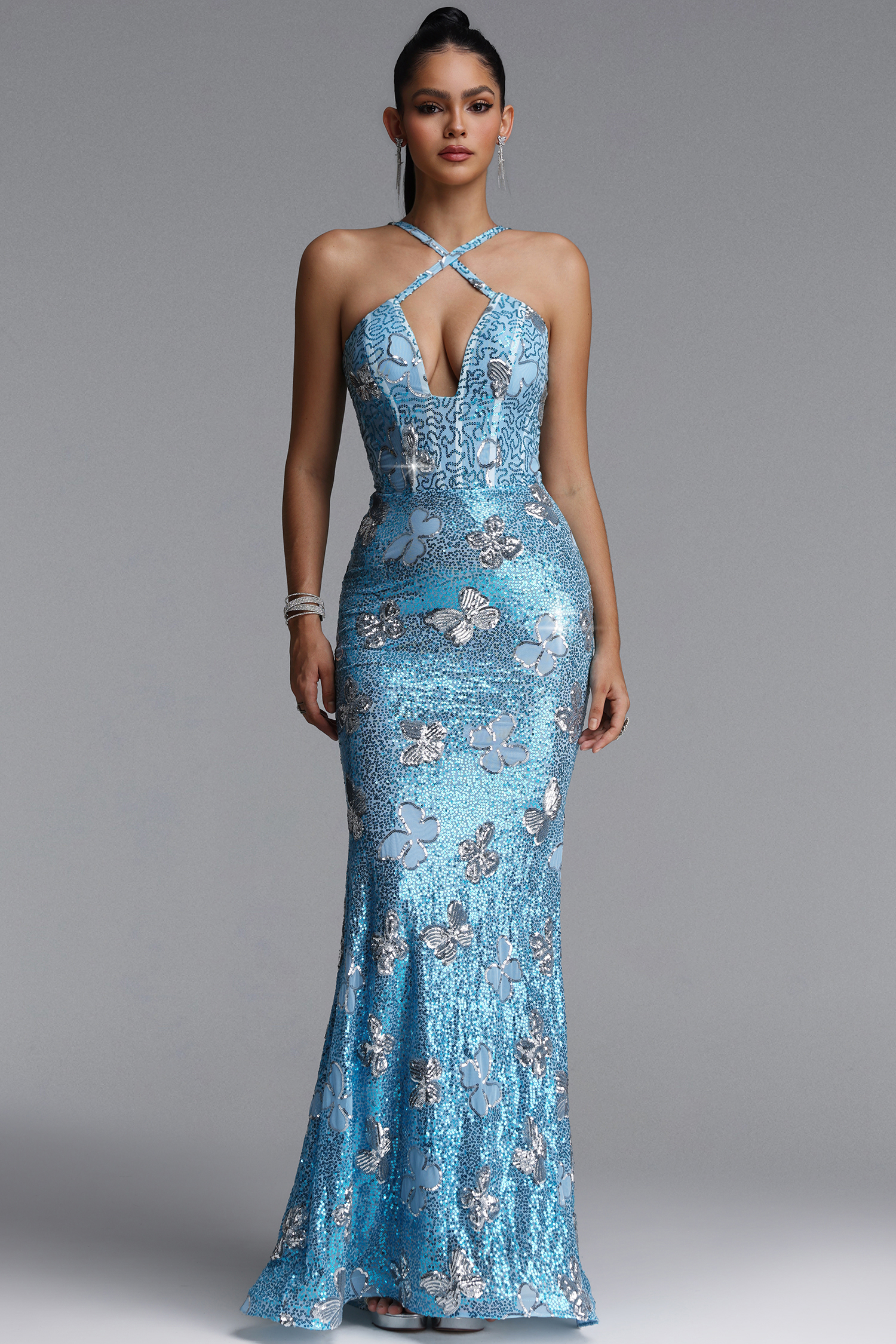 Tata Glamorous Cross Halter V Neck Sequin Maxi Dress