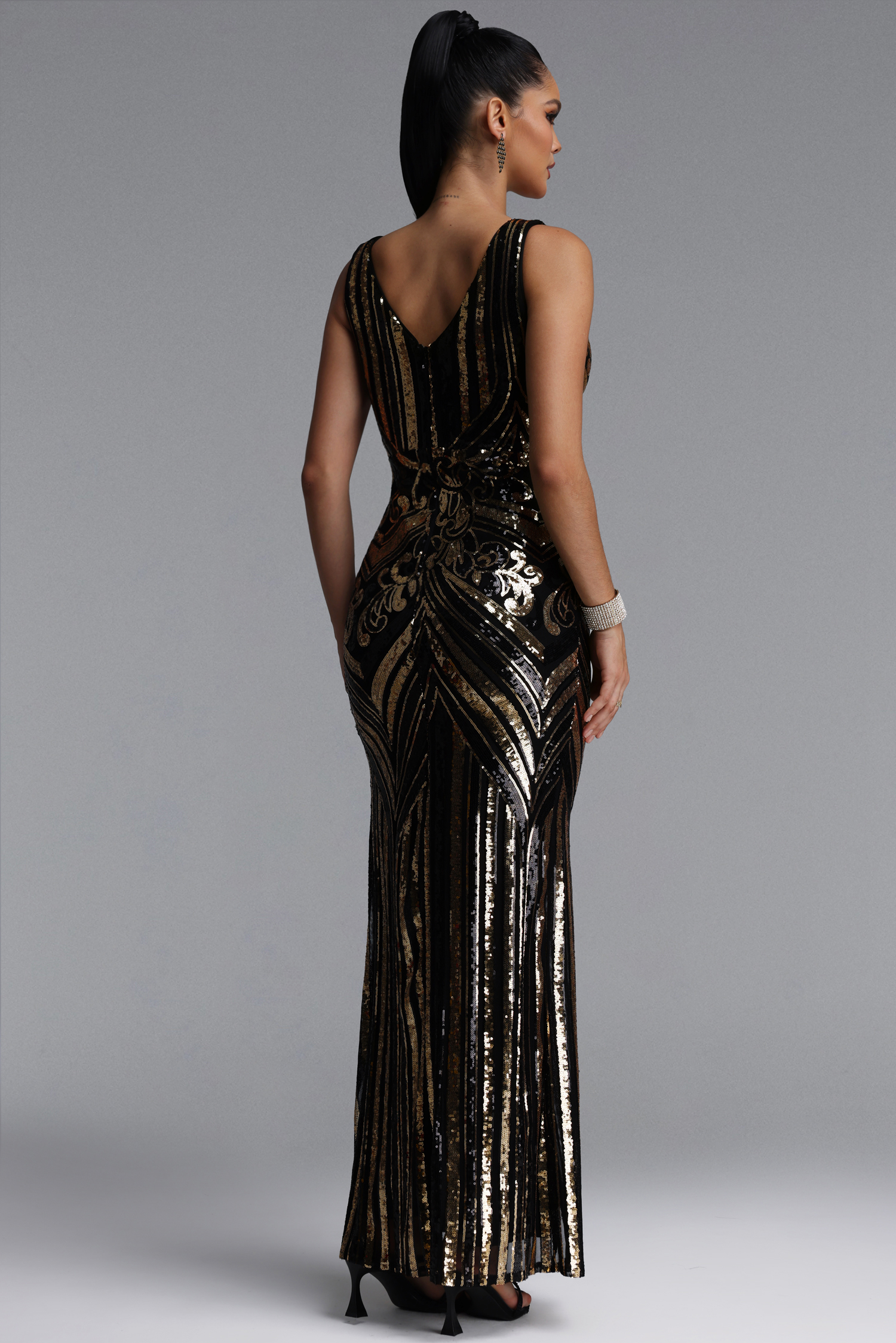 Nanci Classic Sleeveless V Neck Sequin Slit Maxi Dress