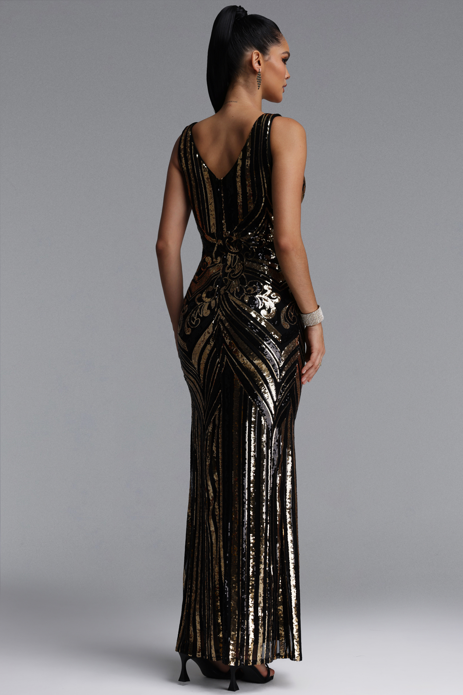 Nanci Classic Sleeveless V Neck Sequin Slit Maxi Dress