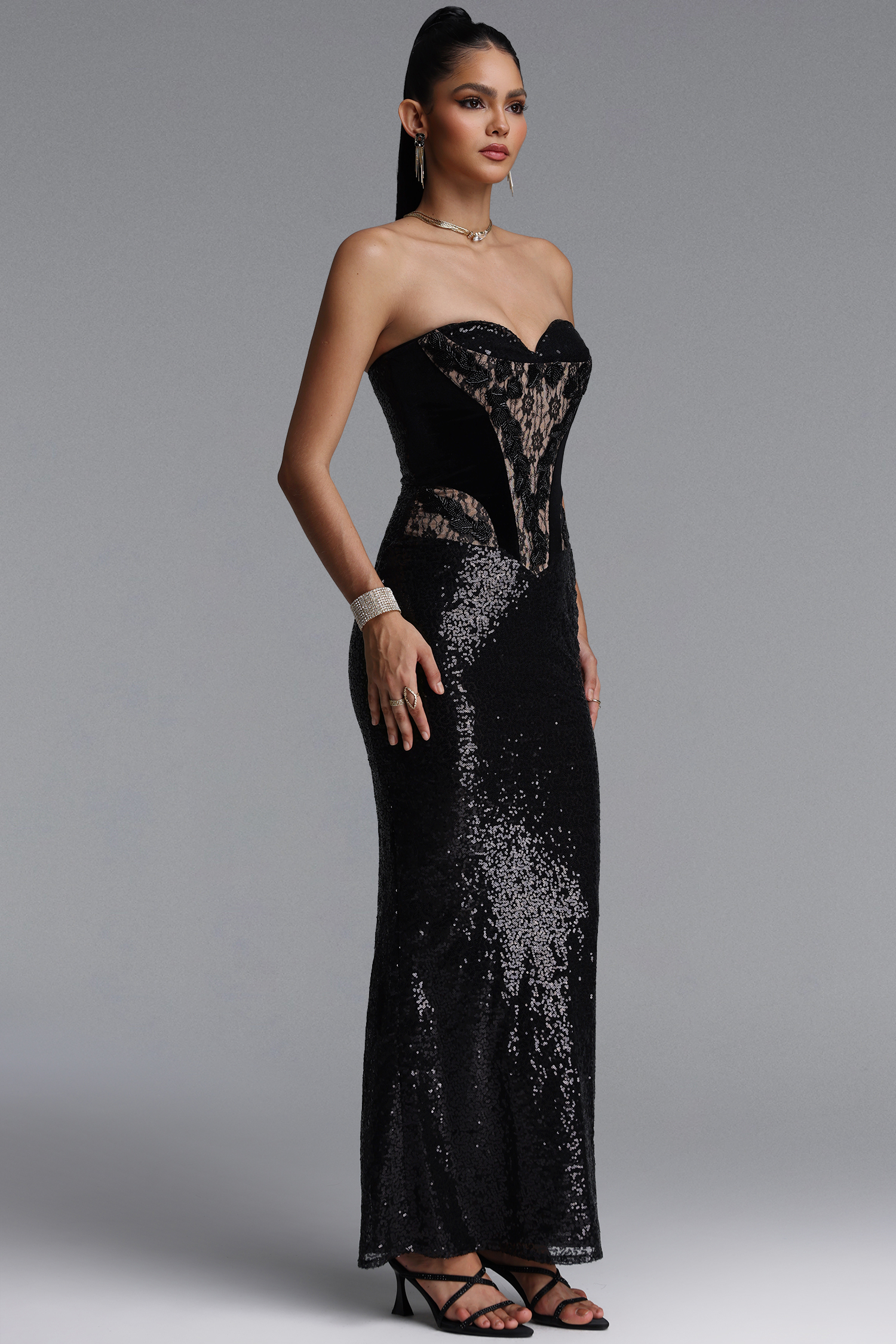 Lilian Glamorous Strapless Lace Sequin Maxi Dress