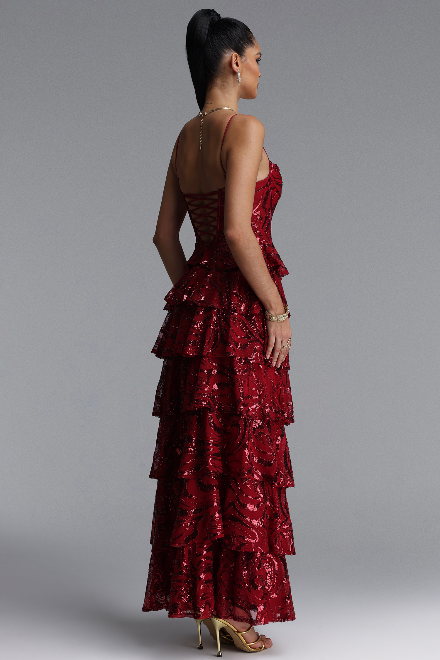 Zohara Elegant Spaghetti Strap Multi Tiered Ruffle Slit Sequin Maxi Dress