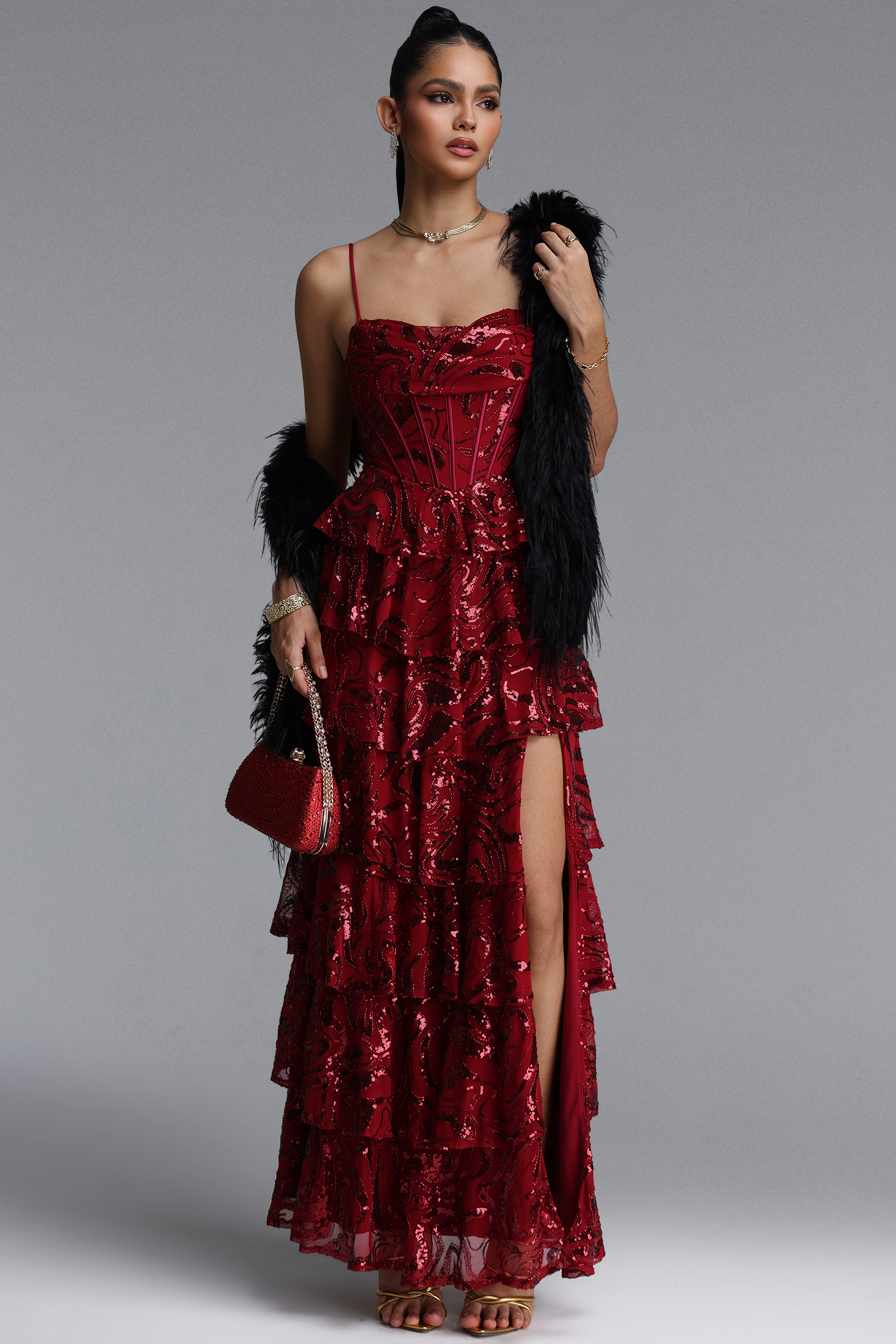 Zohara Elegant Spaghetti Strap Multi Tiered Ruffle Slit Sequin Maxi Dress