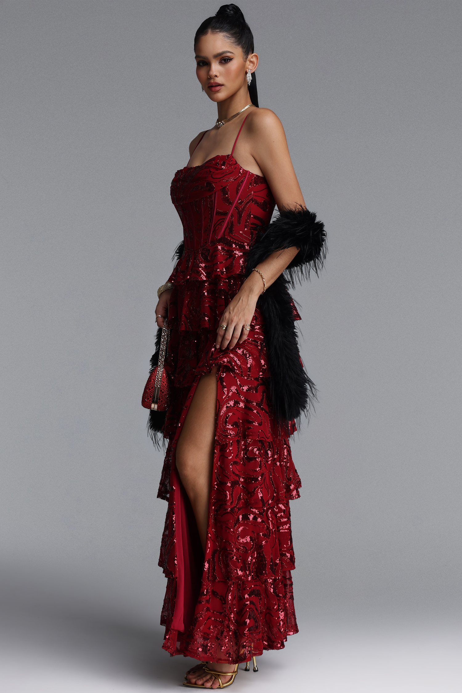 Zohara Elegant Spaghetti Strap Multi Tiered Ruffle Slit Sequin Maxi Dress