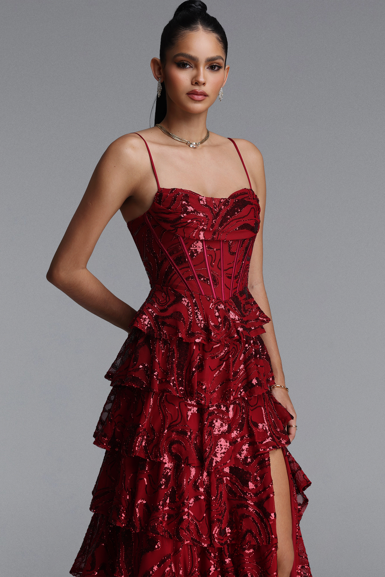 Zohara Elegant Spaghetti Strap Multi Tiered Ruffle Slit Sequin Maxi Dress