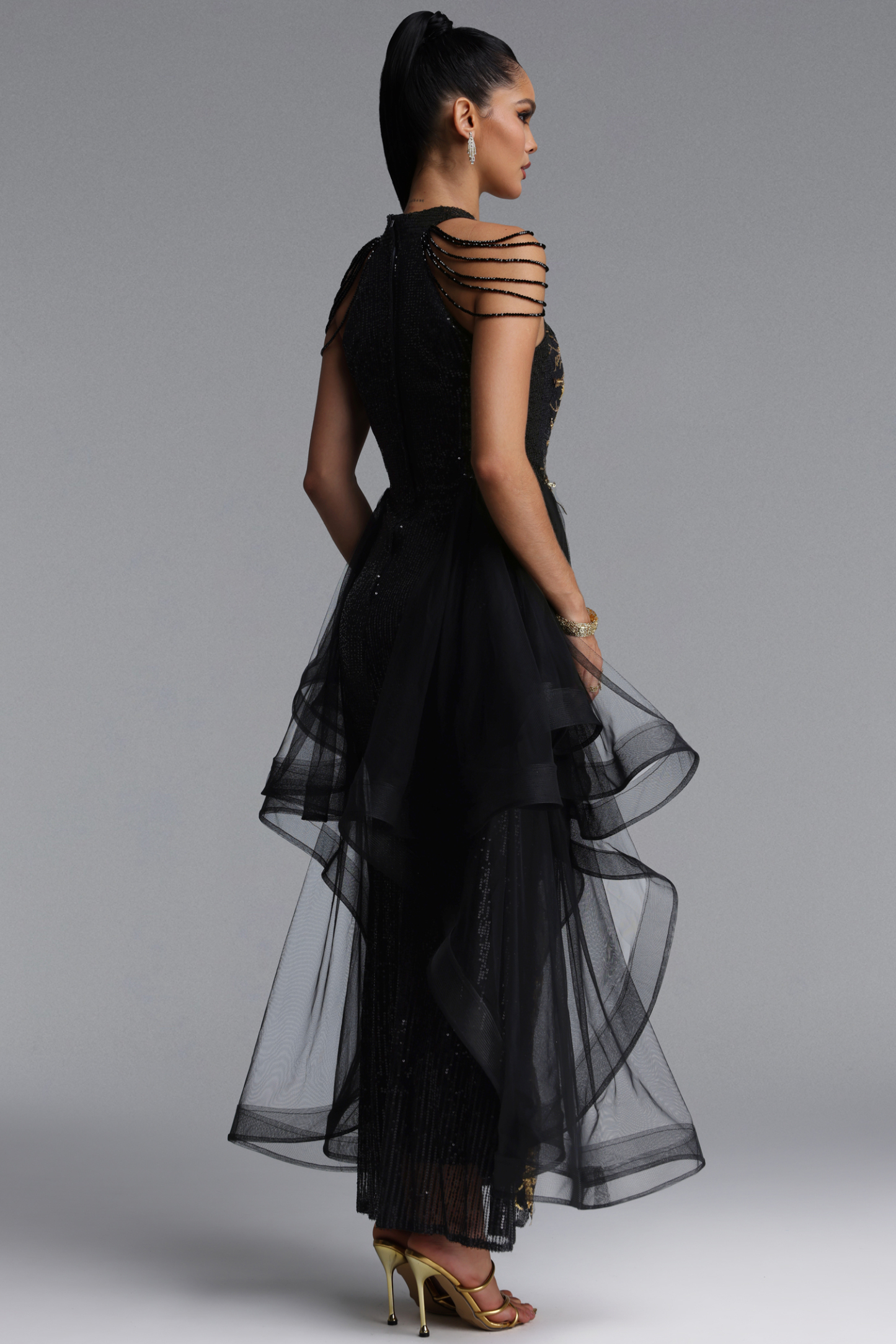 Hailey Glamorous Halter Tassel Sequin Embroidered Tulle Maxi Dress