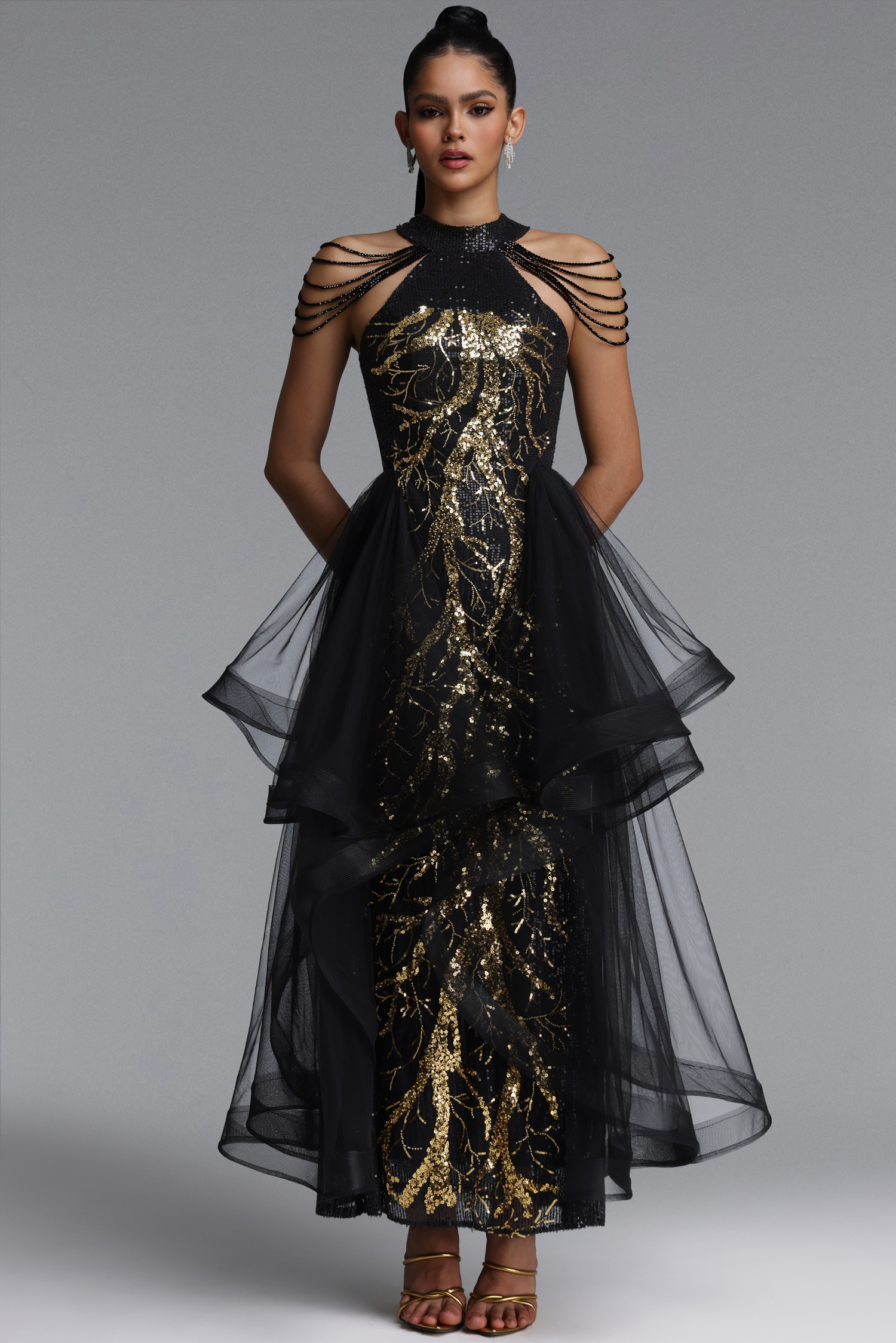 Hailey Glamorous Halter Tassel Sequin Embroidered Tulle Maxi Dress