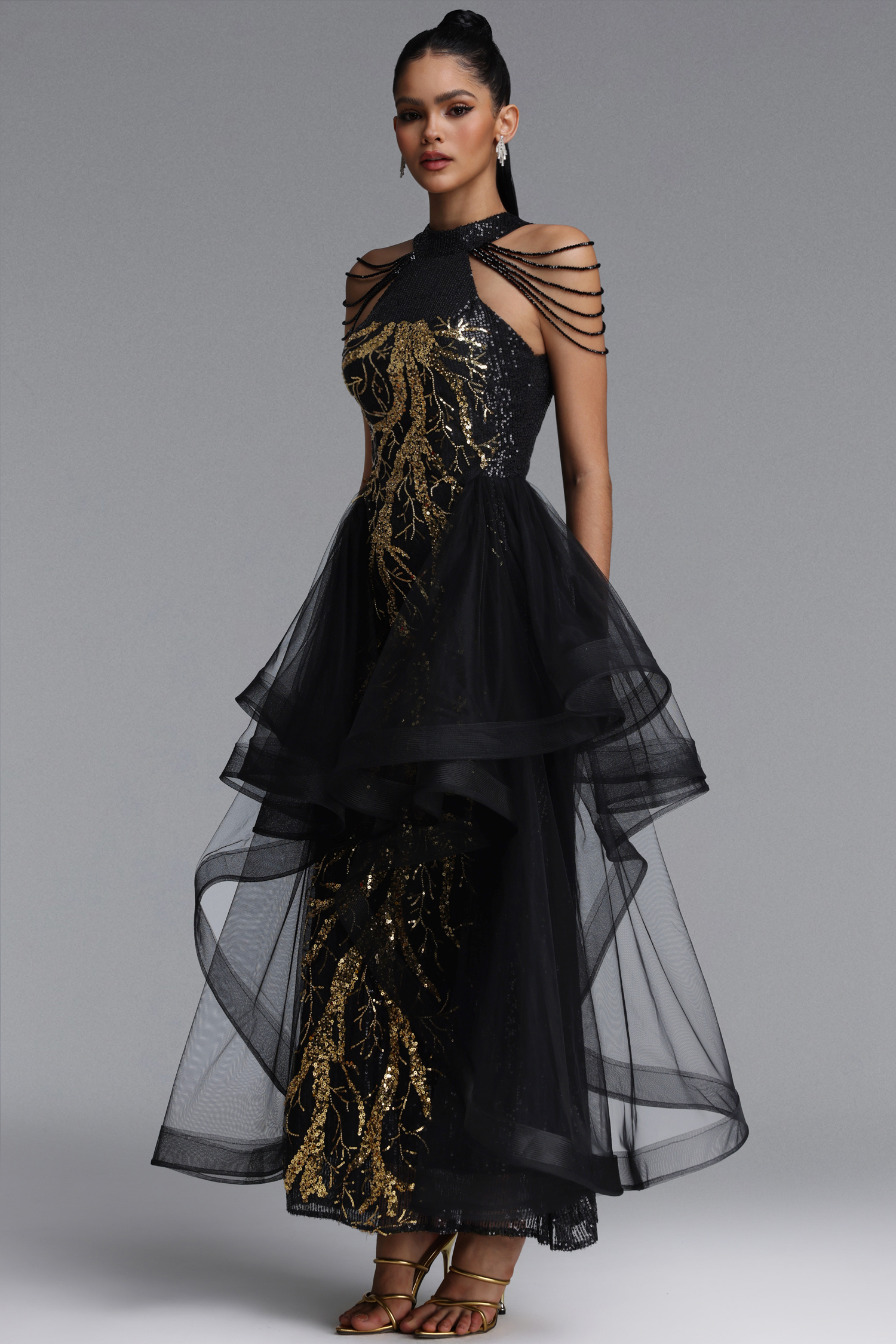 Hailey Glamorous Halter Tassel Sequin Embroidered Tulle Maxi Dress