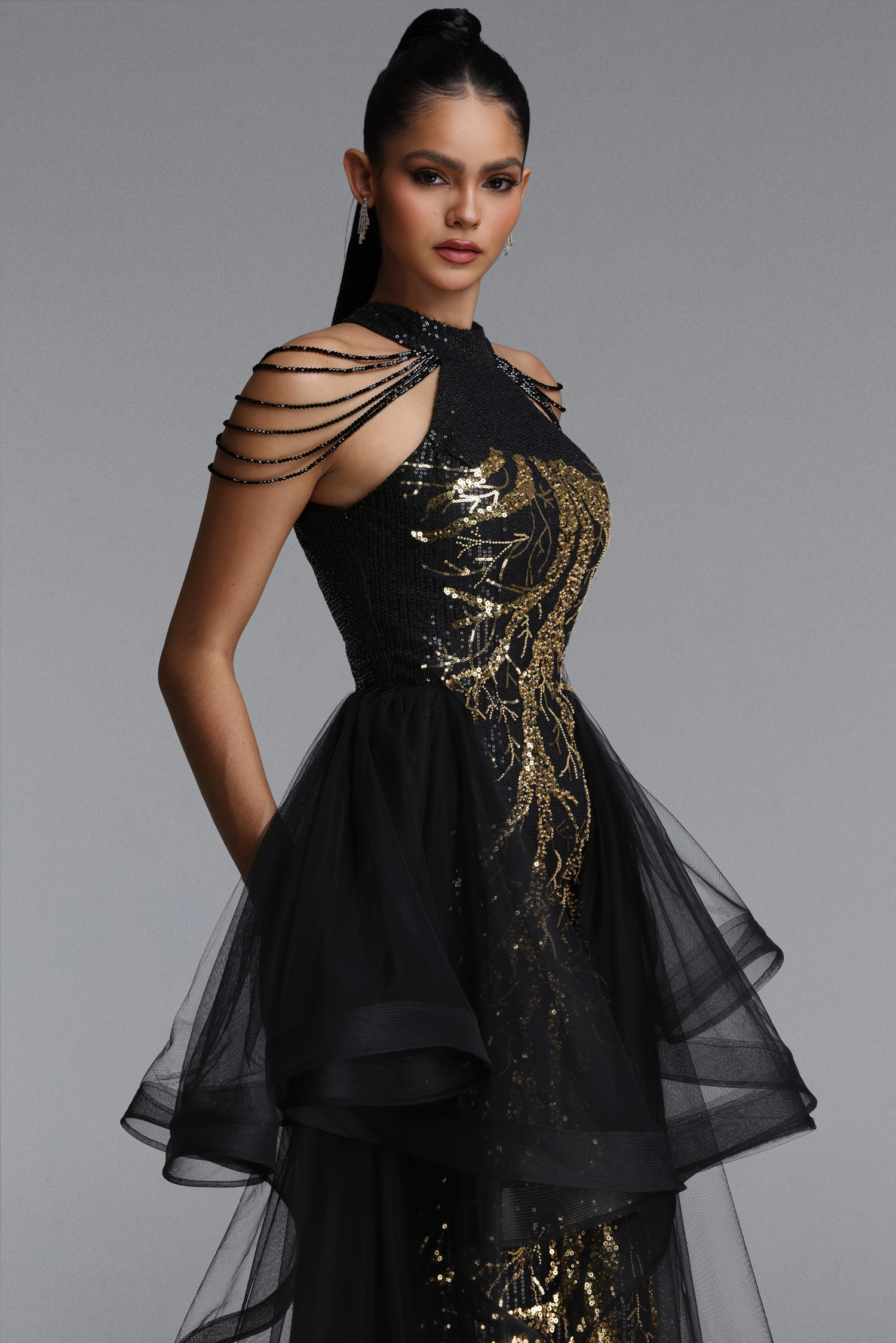 Hailey Glamorous Halter Tassel Sequin Embroidered Tulle Maxi Dress