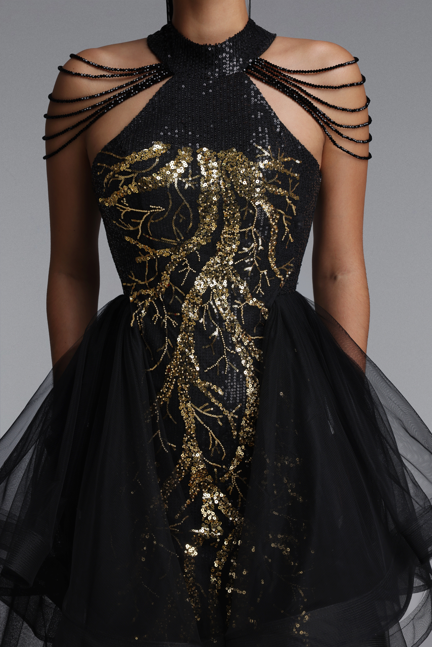 Hailey Glamorous Halter Tassel Sequin Embroidered Tulle Maxi Dress