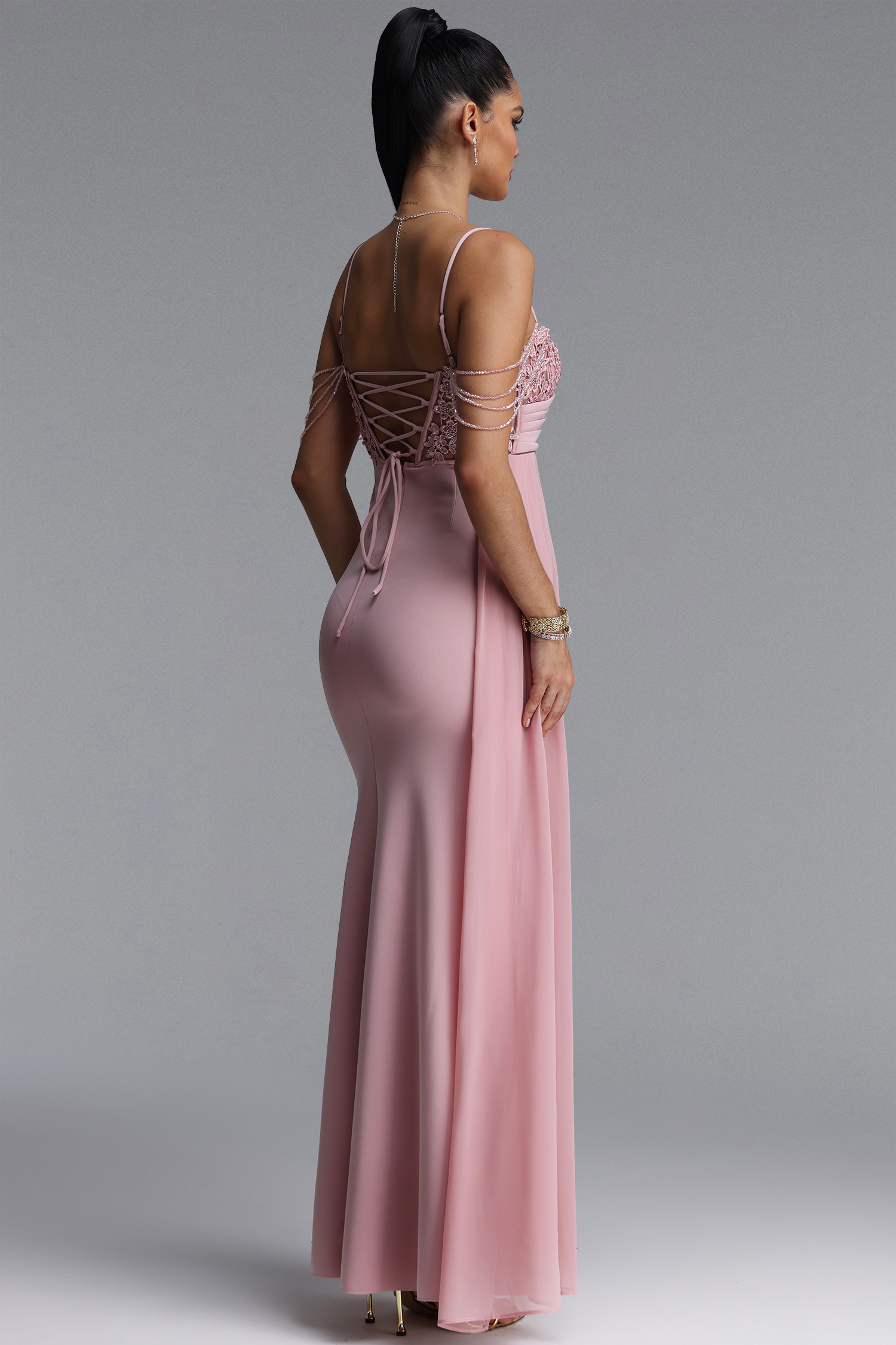 Vida Elegant Spaghetti Strap Tassel Ruched High Slit Lace Blue Maxi Dress