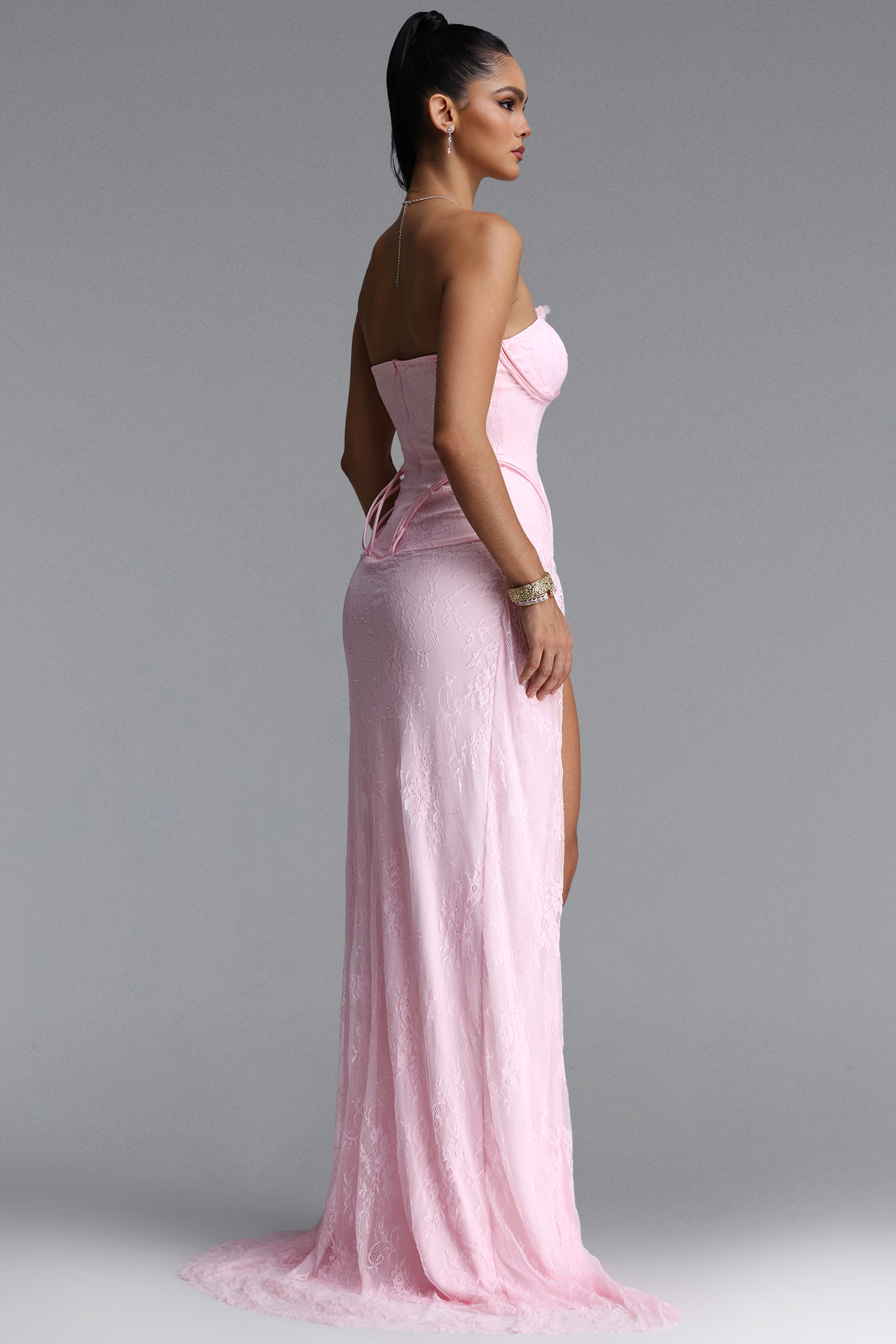 Endora Elegant Sleeveless Ruched Slit Lace Maxi Dress