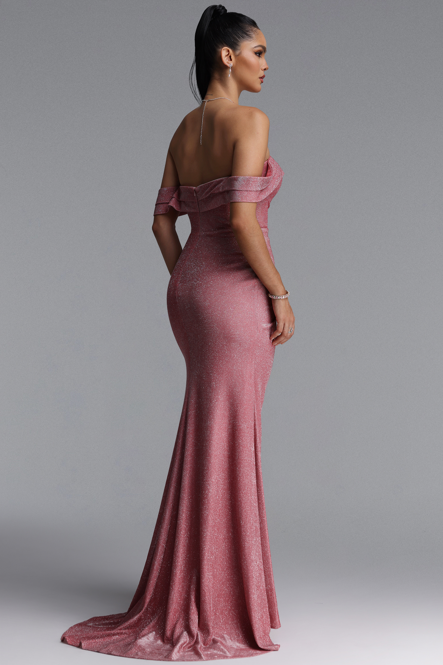 Nadia Classic Off Shoulder Draped Glitter Slit Maxi Dress